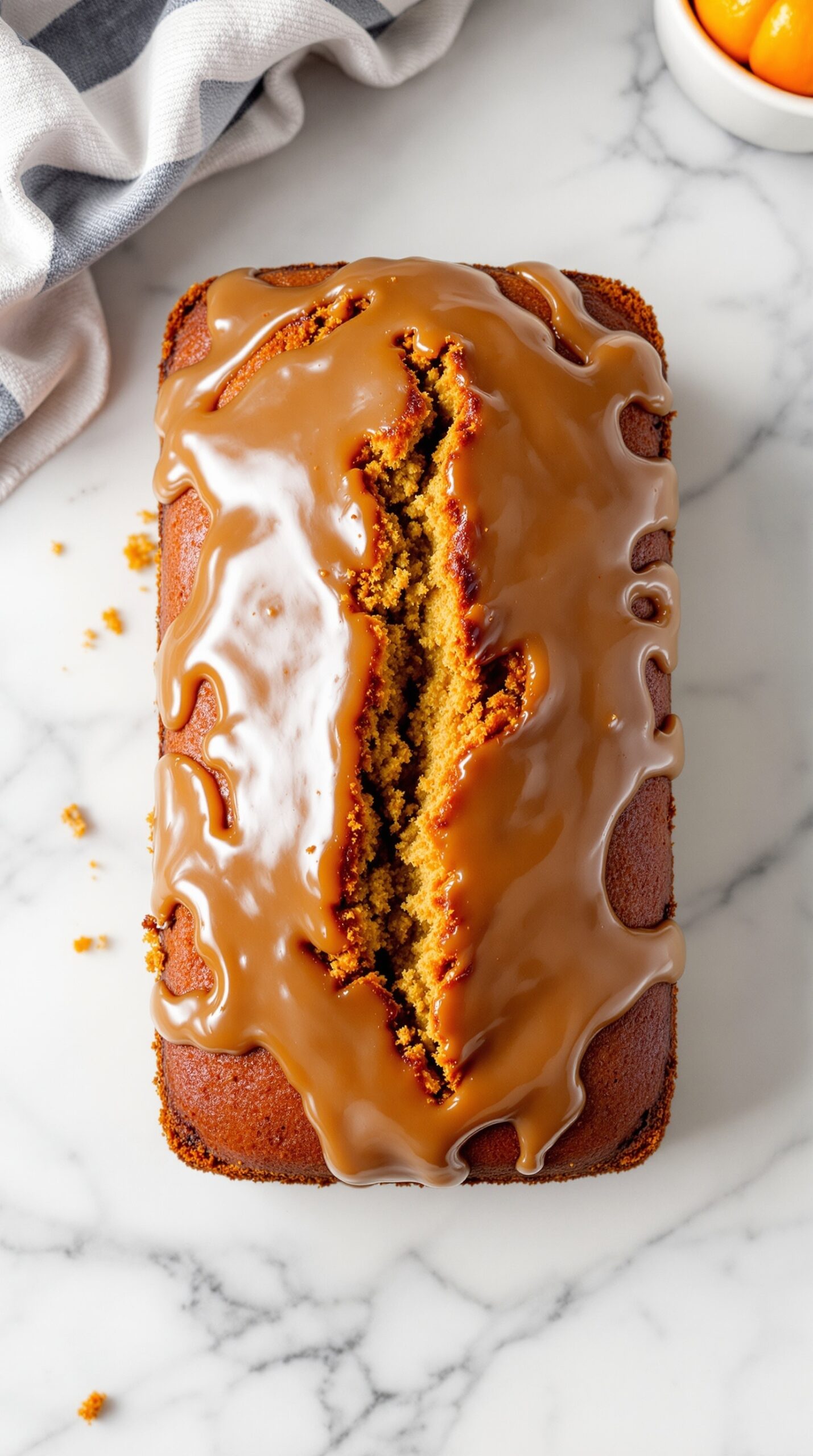 A loaf of pumpkin bread topped with a shiny maple glaze, resting on a marble surface.