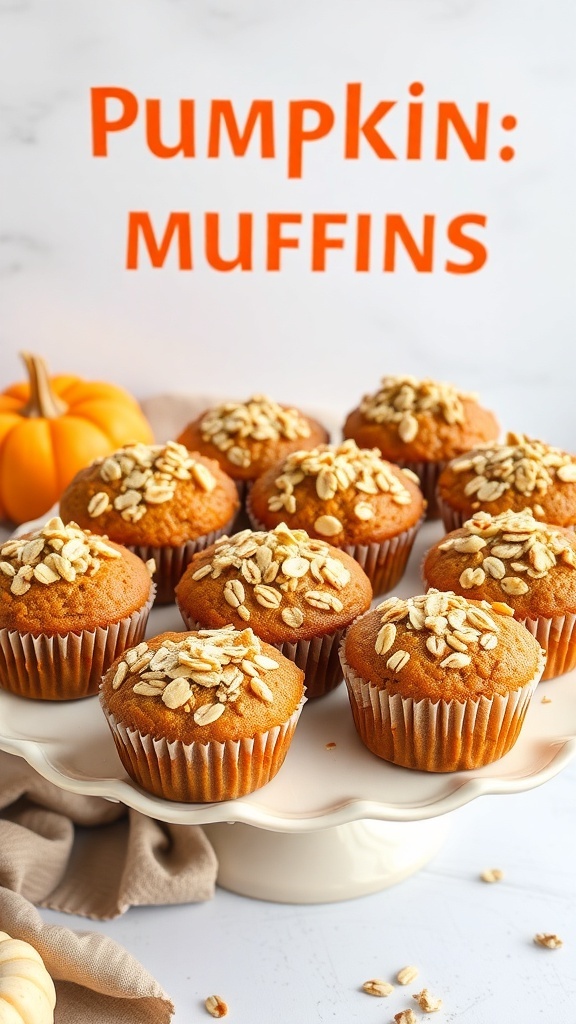 Pumpkin muffins topped with oats on a white cake stand
