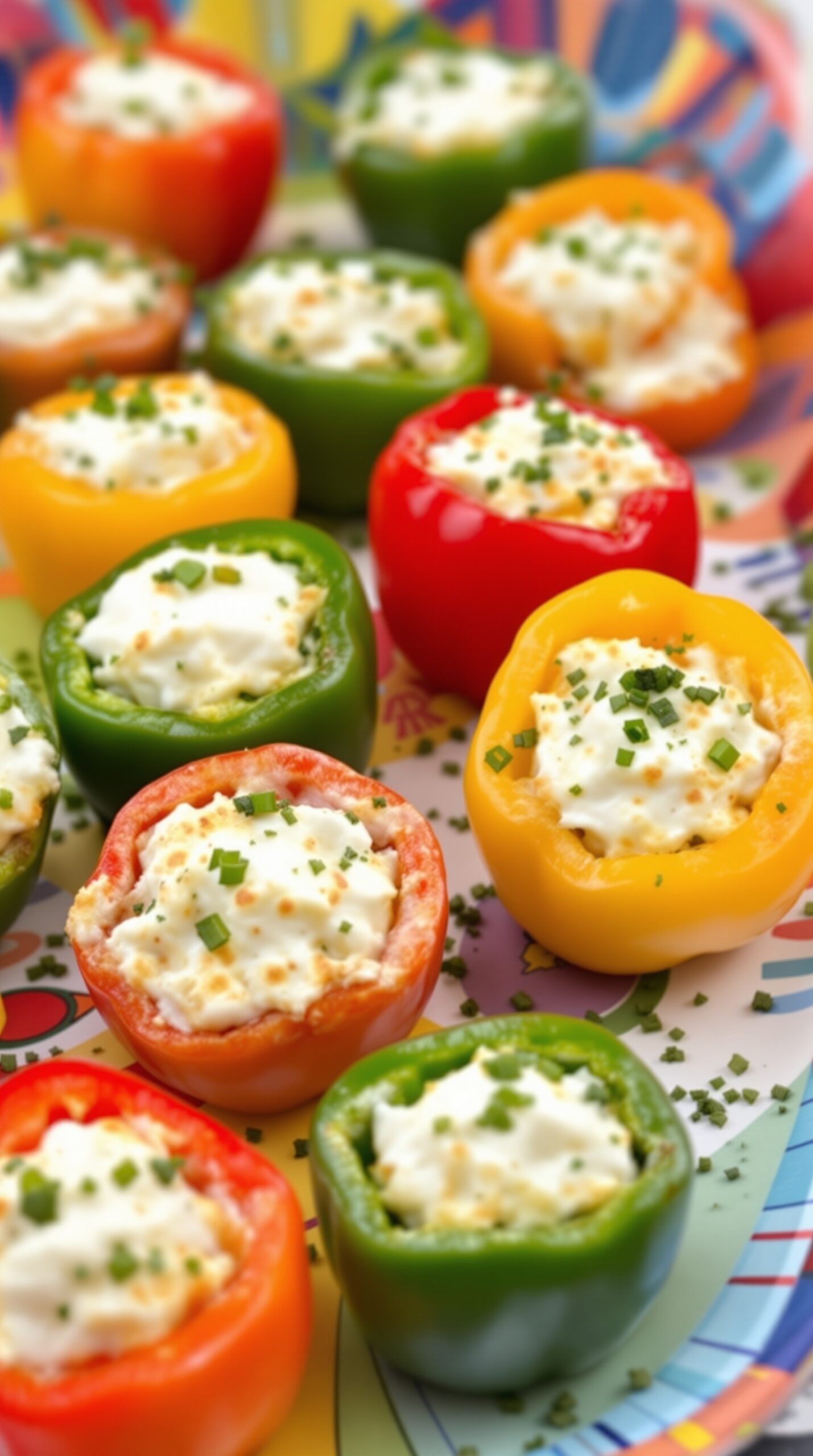 Colorful stuffed mini peppers filled with cream cheese and herbs on a decorative plate.