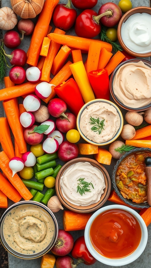 An autumn vegetable platter featuring colorful carrots, bell peppers, radishes, and various dips.