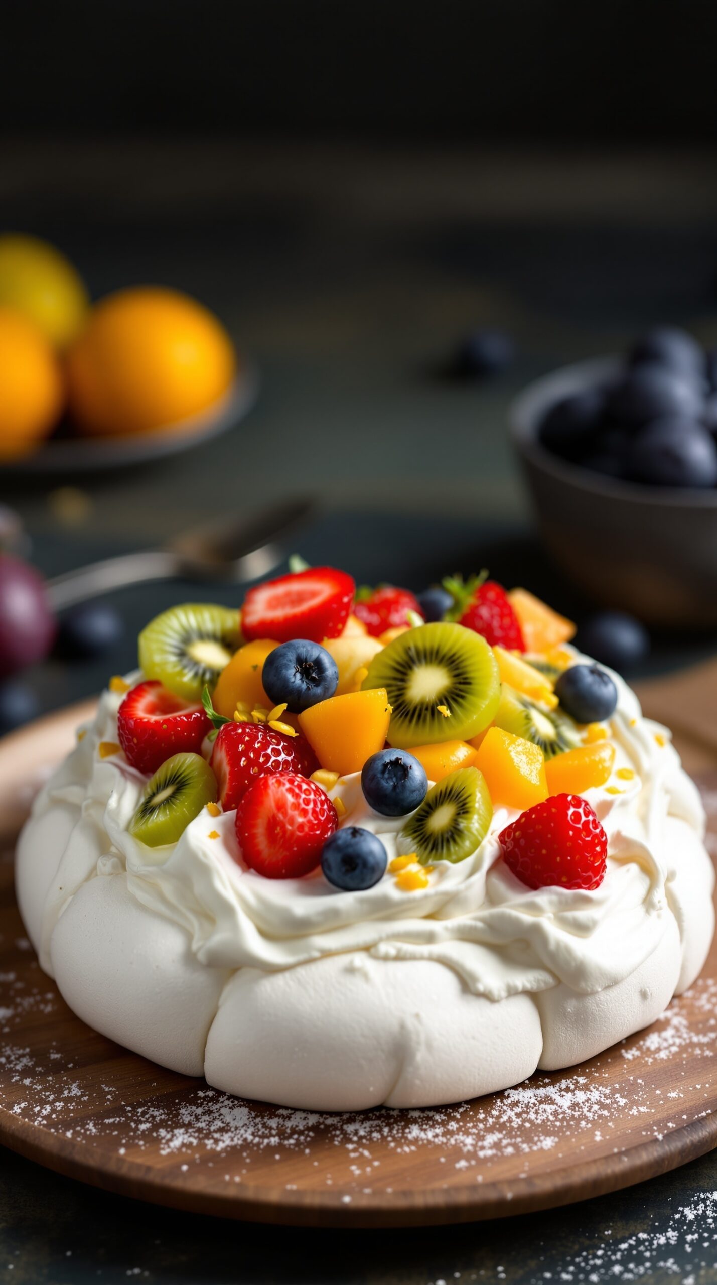 A beautiful pavlova topped with fresh fruits including strawberries, blueberries, kiwi, and mango, served on a wooden platter.