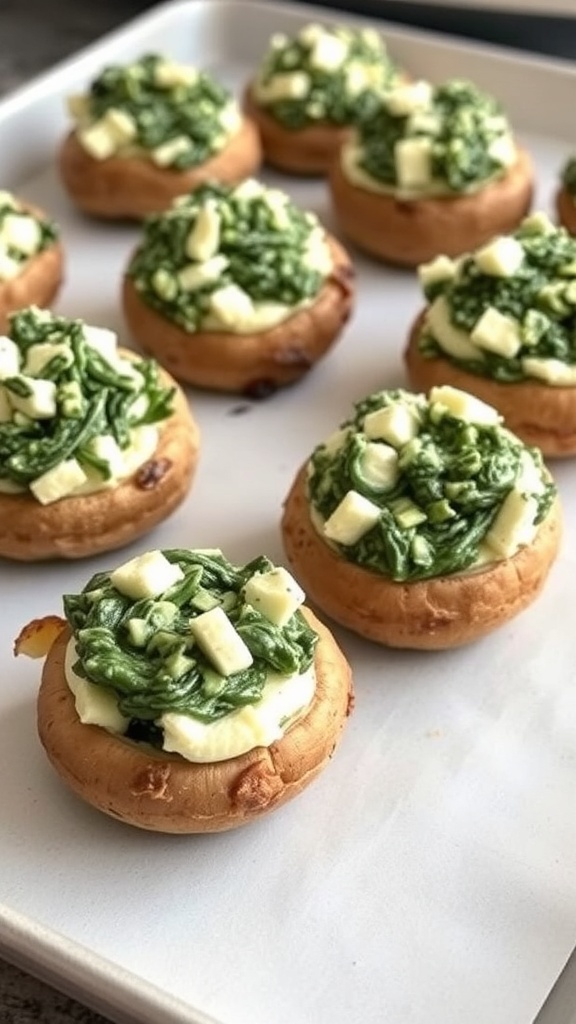 A platter of mushroom caps filled with a creamy spinach mixture and topped with cheese.