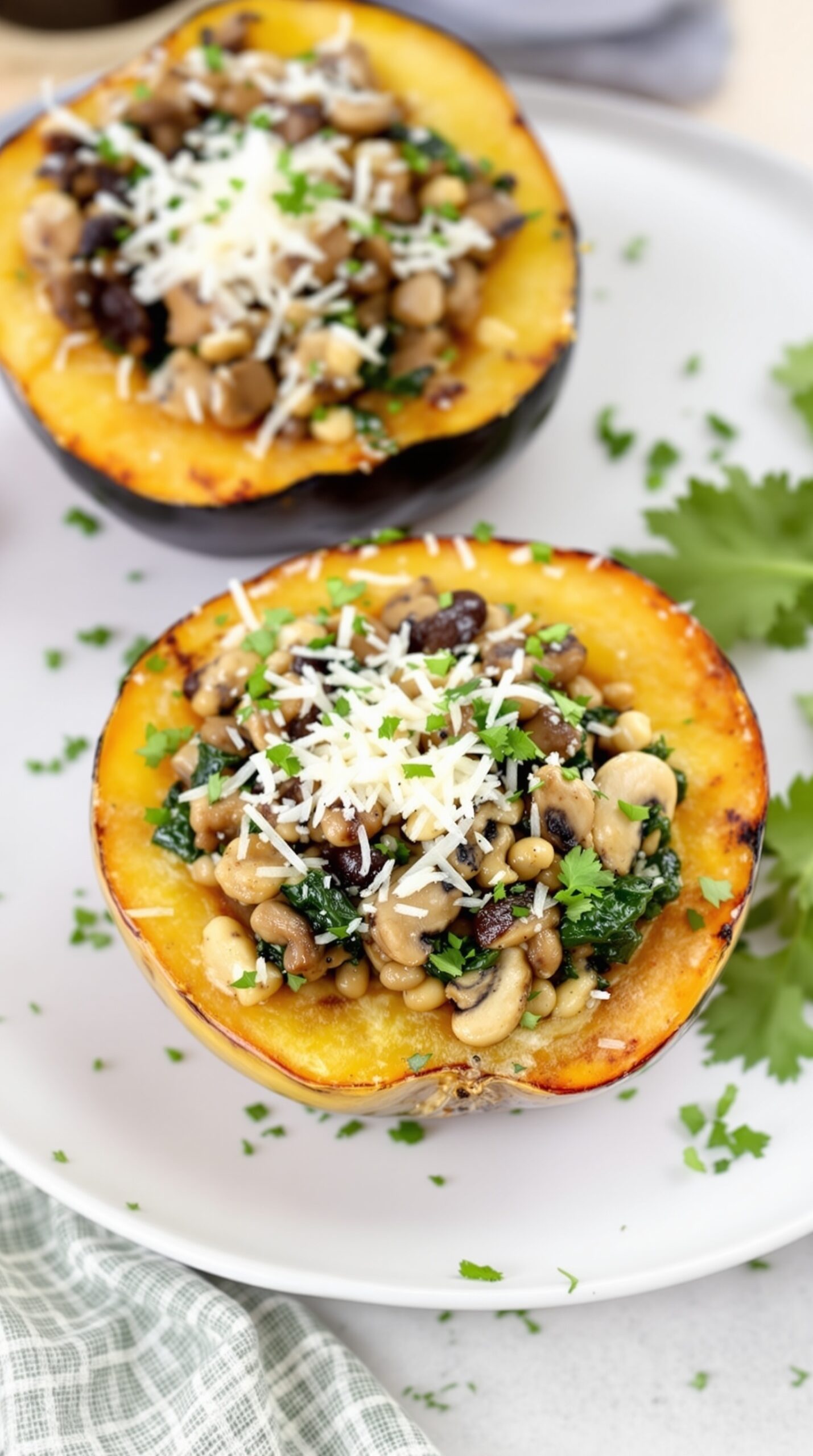 Mushroom and spinach stuffed acorn squash on a plate