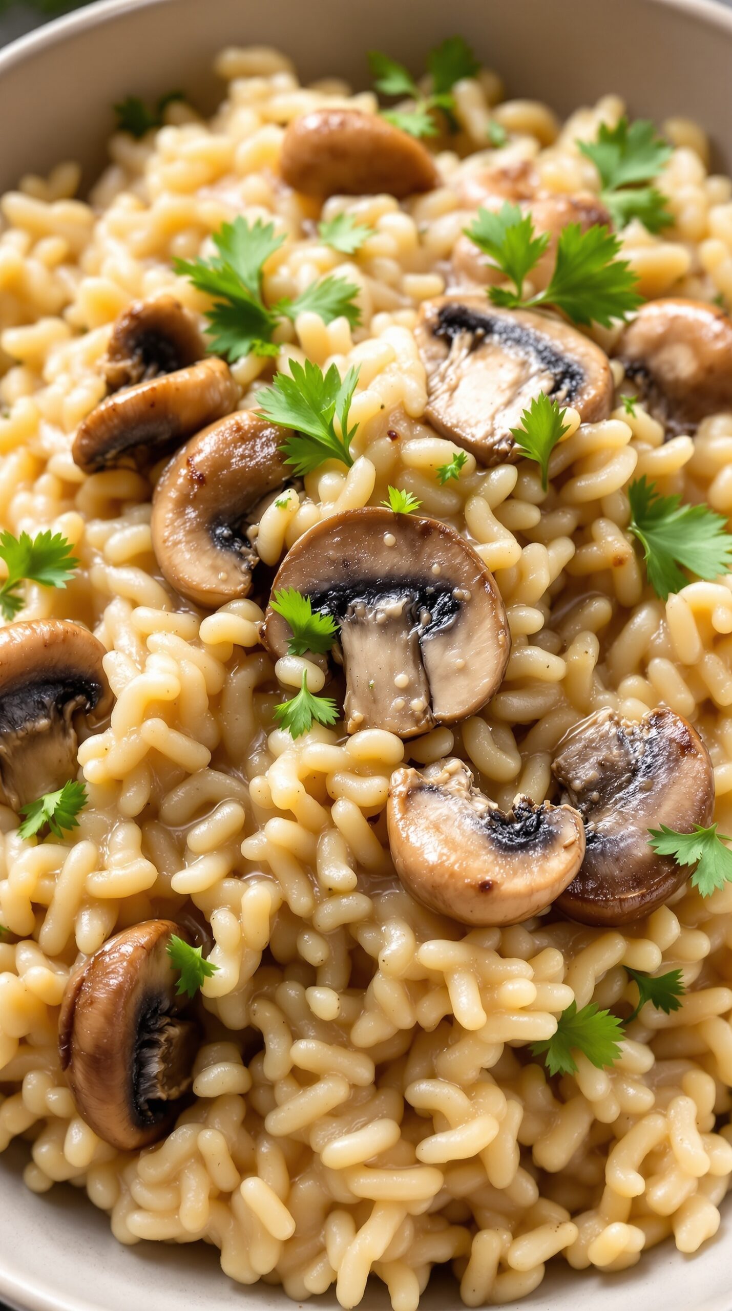 A bowl of creamy mushroom risotto topped with sautéed mushrooms and fresh herbs.
