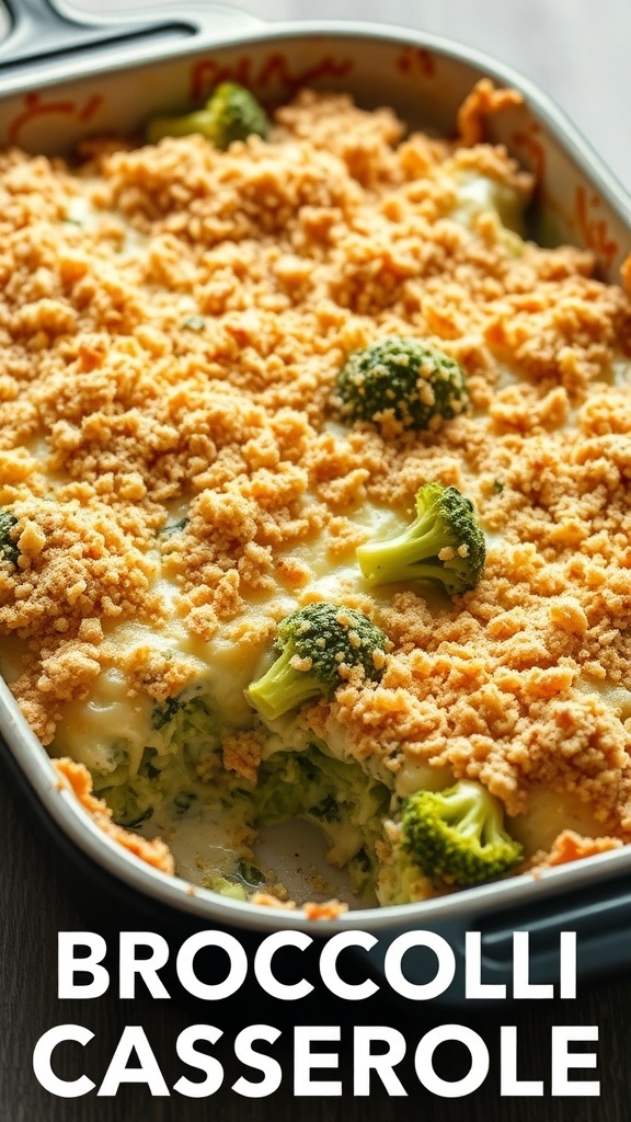 A delicious cheesy broccoli casserole topped with breadcrumbs, fresh out of the oven.