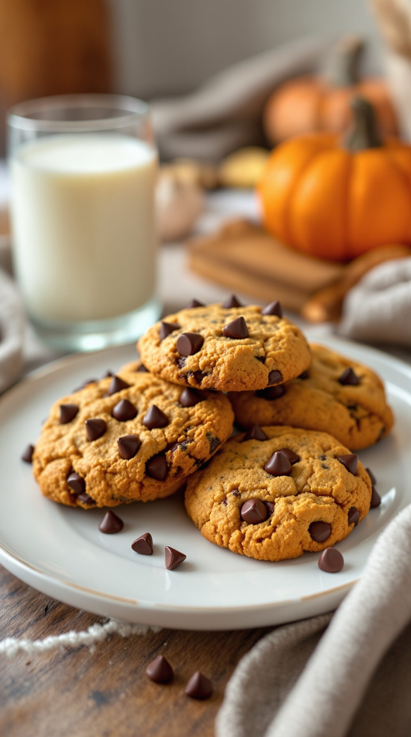 A plate of pumpkin chocolate chip cookies with a glass of milk and a small pumpkin in the background.