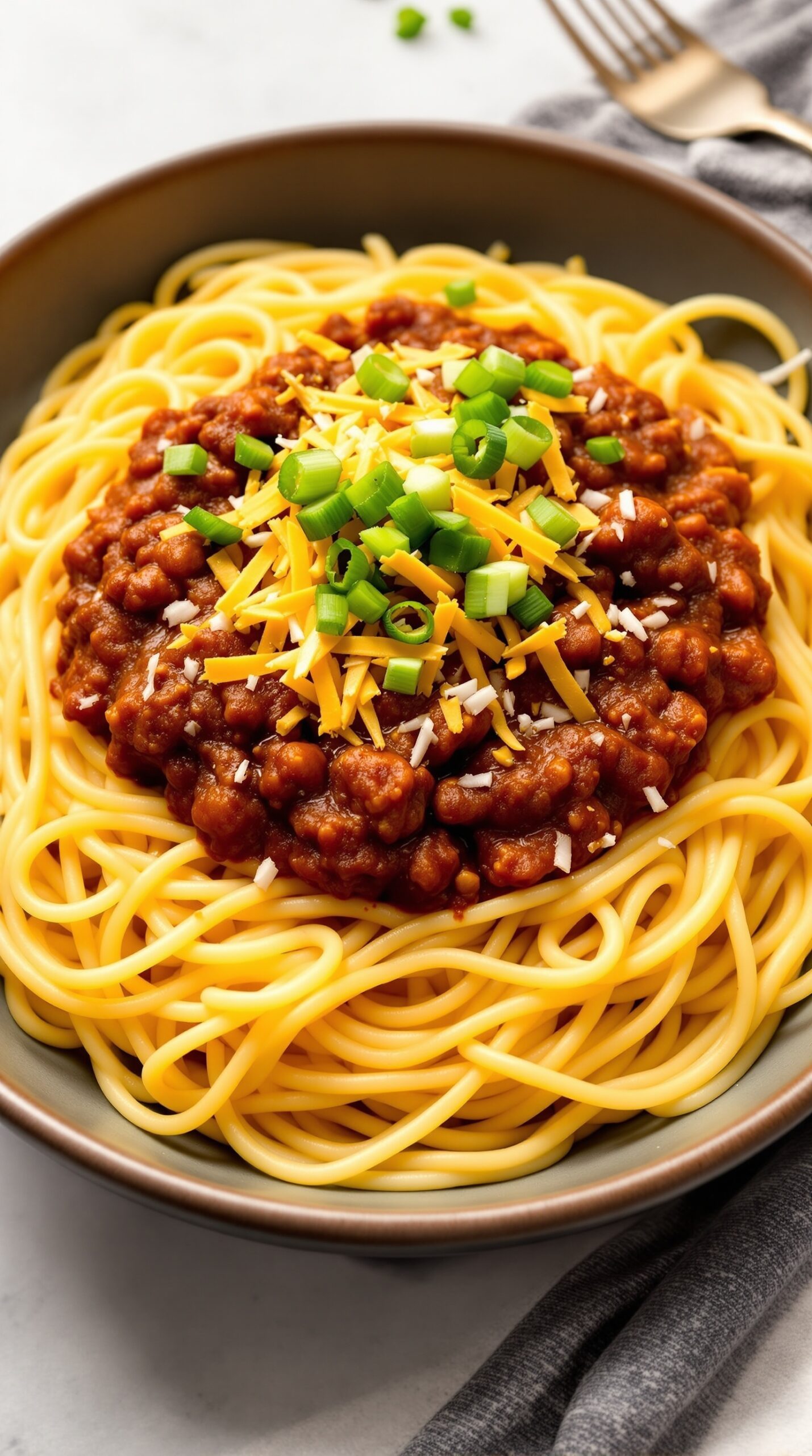 A bowl of spaghetti topped with Cincinnati chili, garnished with shredded cheese and green onions.