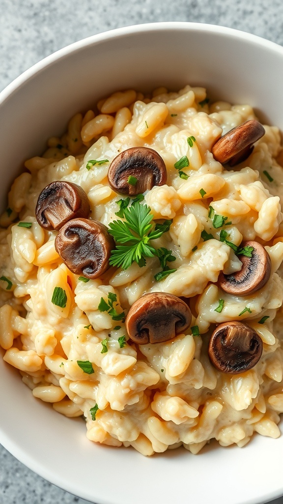 A bowl of creamy mushroom risotto topped with sautéed mushrooms and fresh herbs.