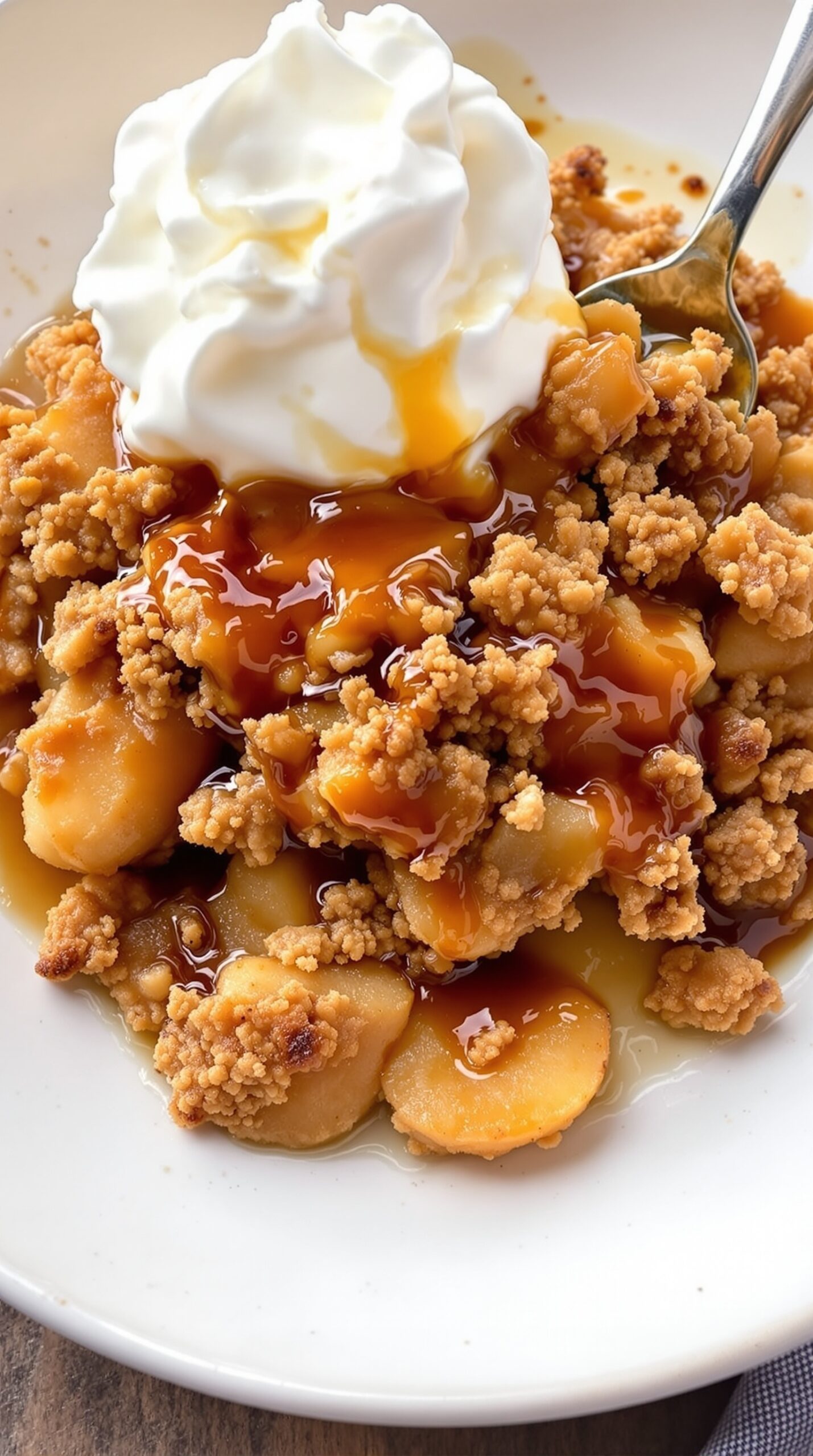 A delicious serving of maple syrup infused apple crisp topped with whipped cream.