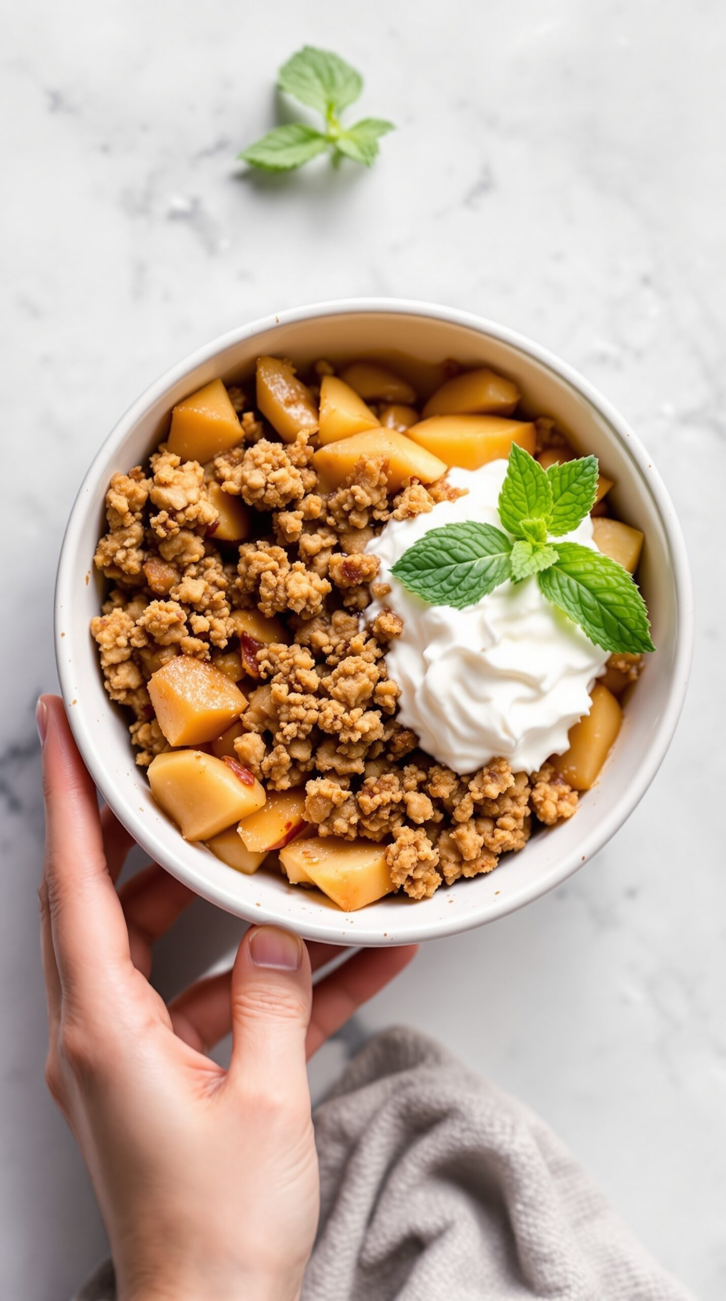 A bowl of vegan apple crisp with sliced apples, a crumbly topping, and whipped cream, garnished with mint.