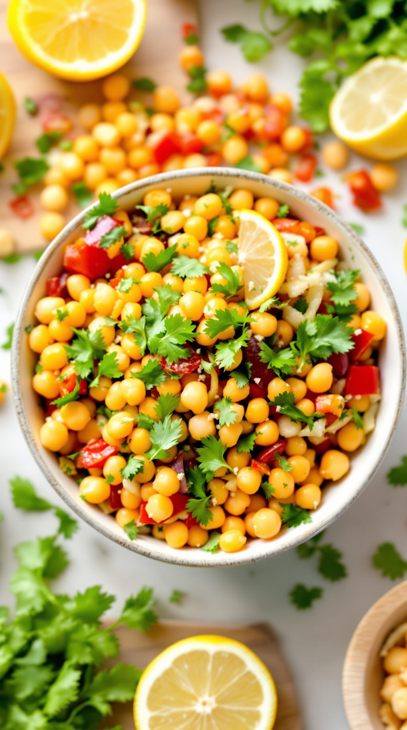 A colorful chickpea salad with lemon and herbs in a bowl, garnished with lemon slices and fresh cilantro.