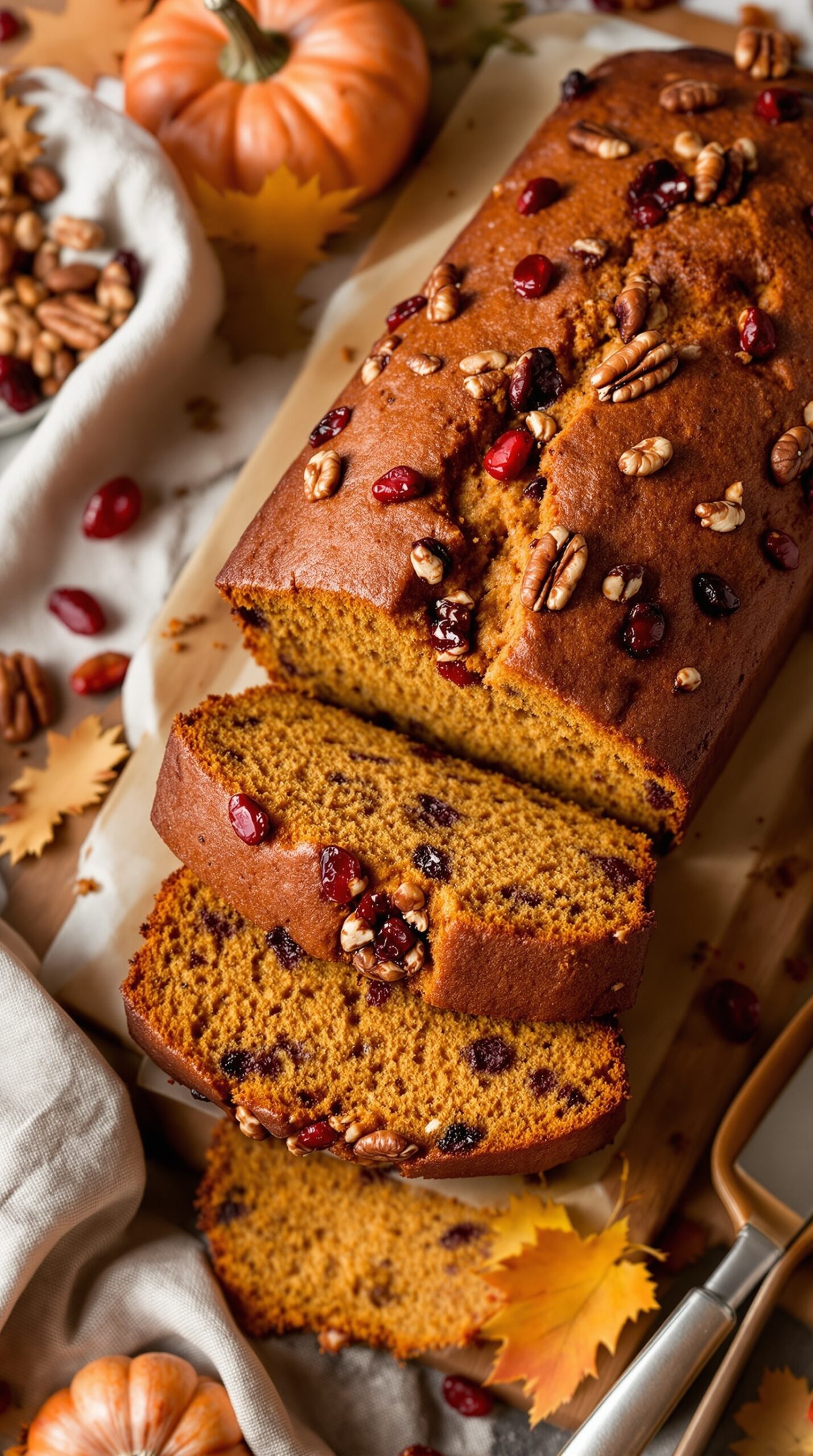 A loaf of pumpkin bread with cranberries and pecans, sliced and displayed with autumn leaves and a small pumpkin.
