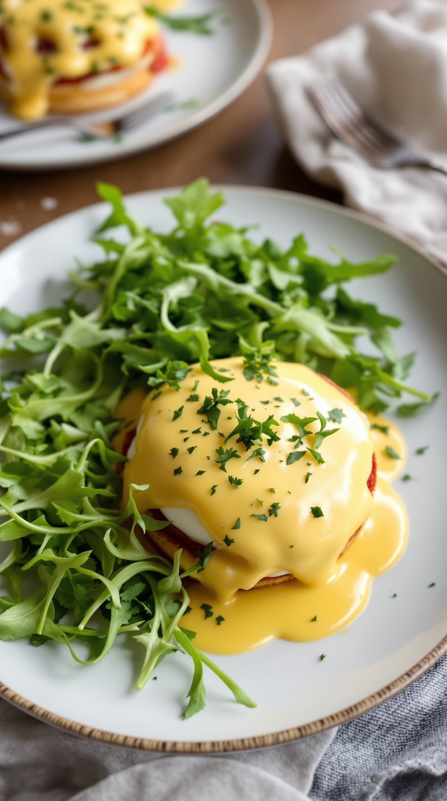 A plate of classic Eggs Benedict topped with hollandaise sauce and served with a side of fresh greens.