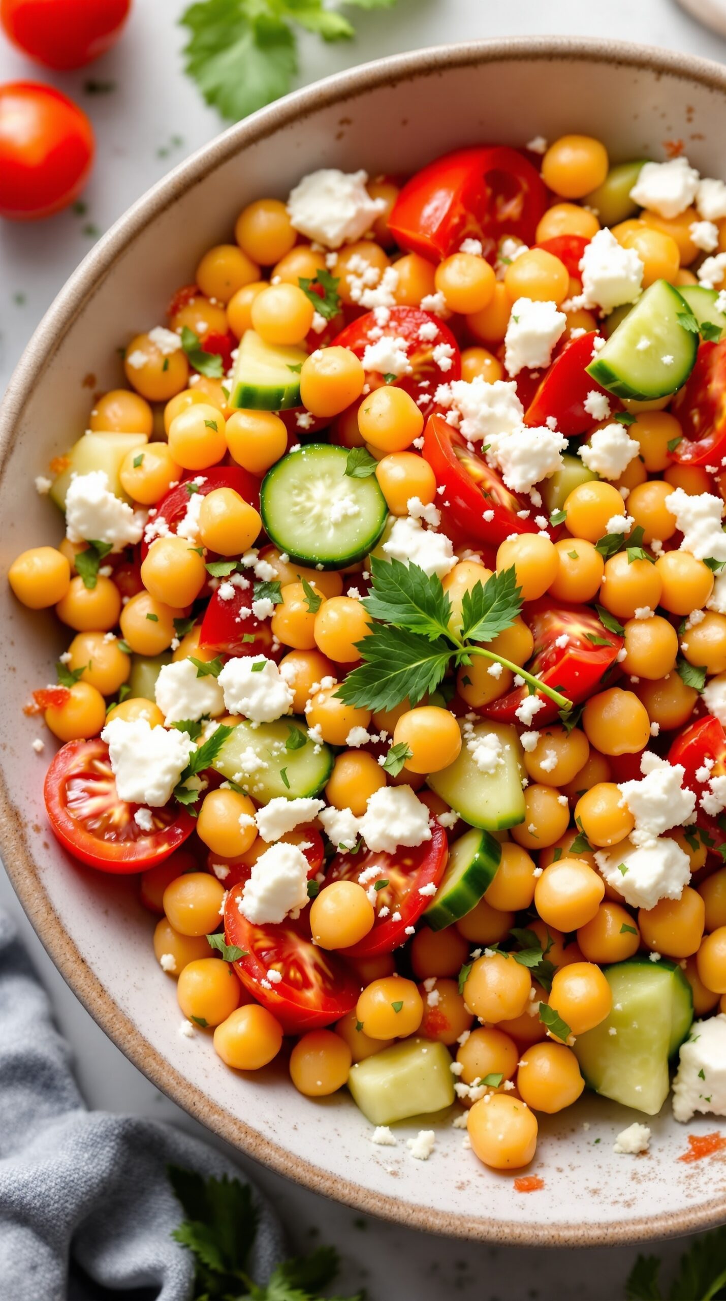 A colorful Mediterranean Chickpea Salad with chickpeas, tomatoes, cucumbers, and feta cheese.