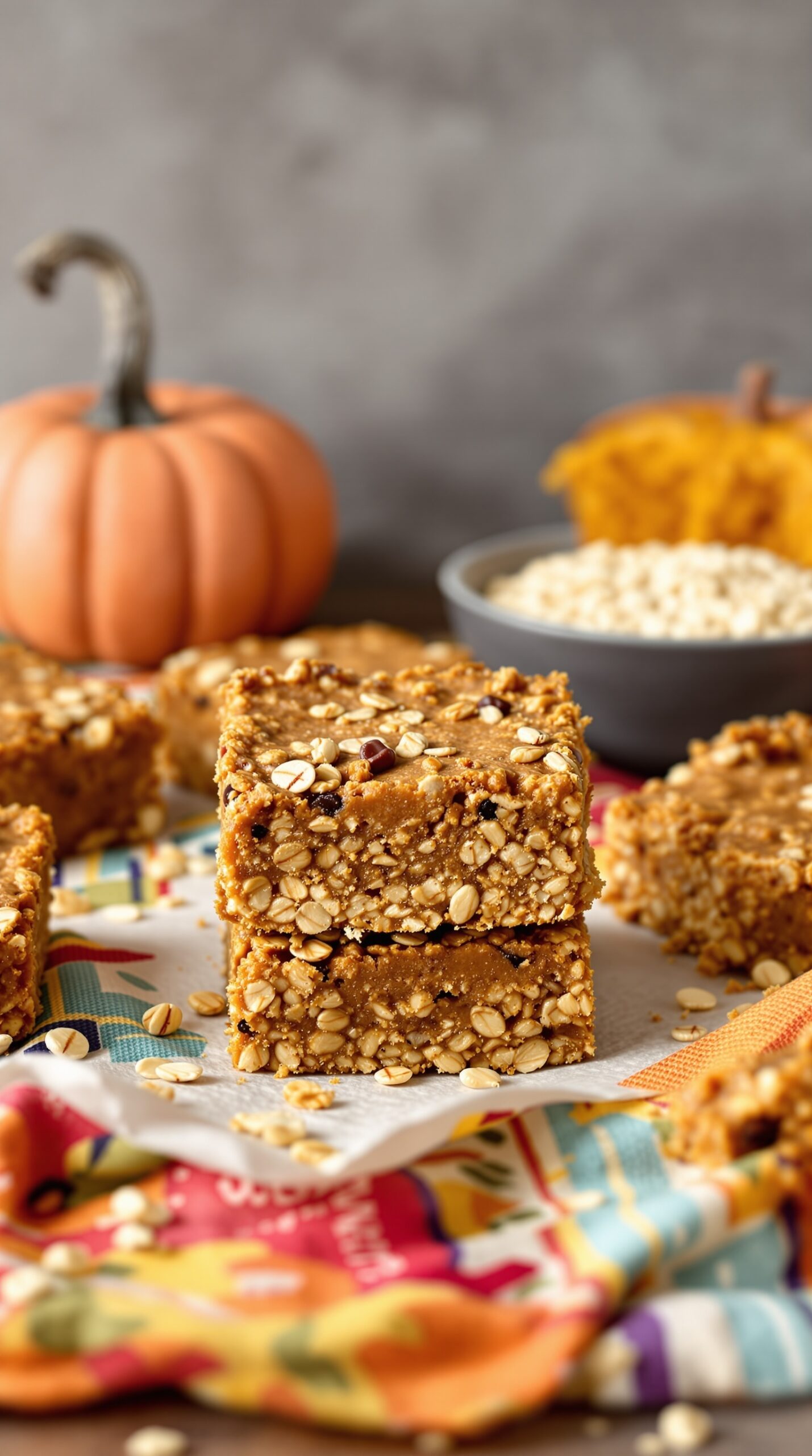 Vegan pumpkin oat bars stacked on a colorful cloth with a small pumpkin and a bowl of oats in the background.