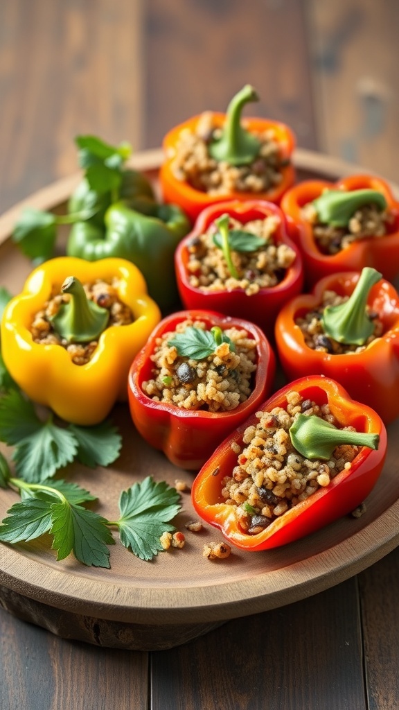 Stuffed mini peppers filled with quinoa and beans on a wooden platter