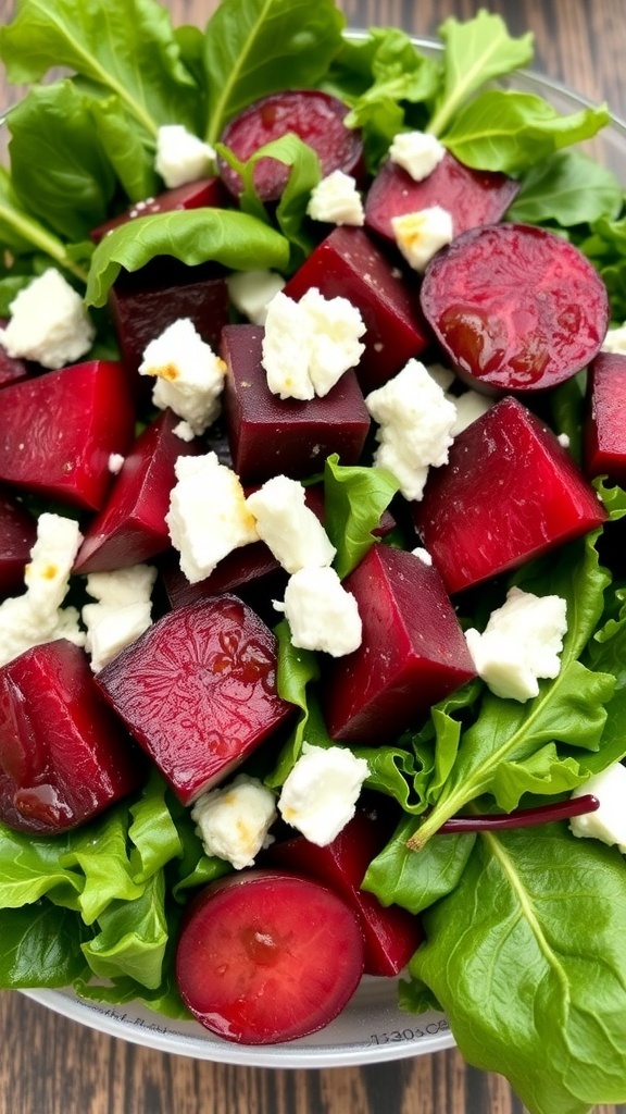 A colorful roasted beet and goat cheese salad with mixed greens.