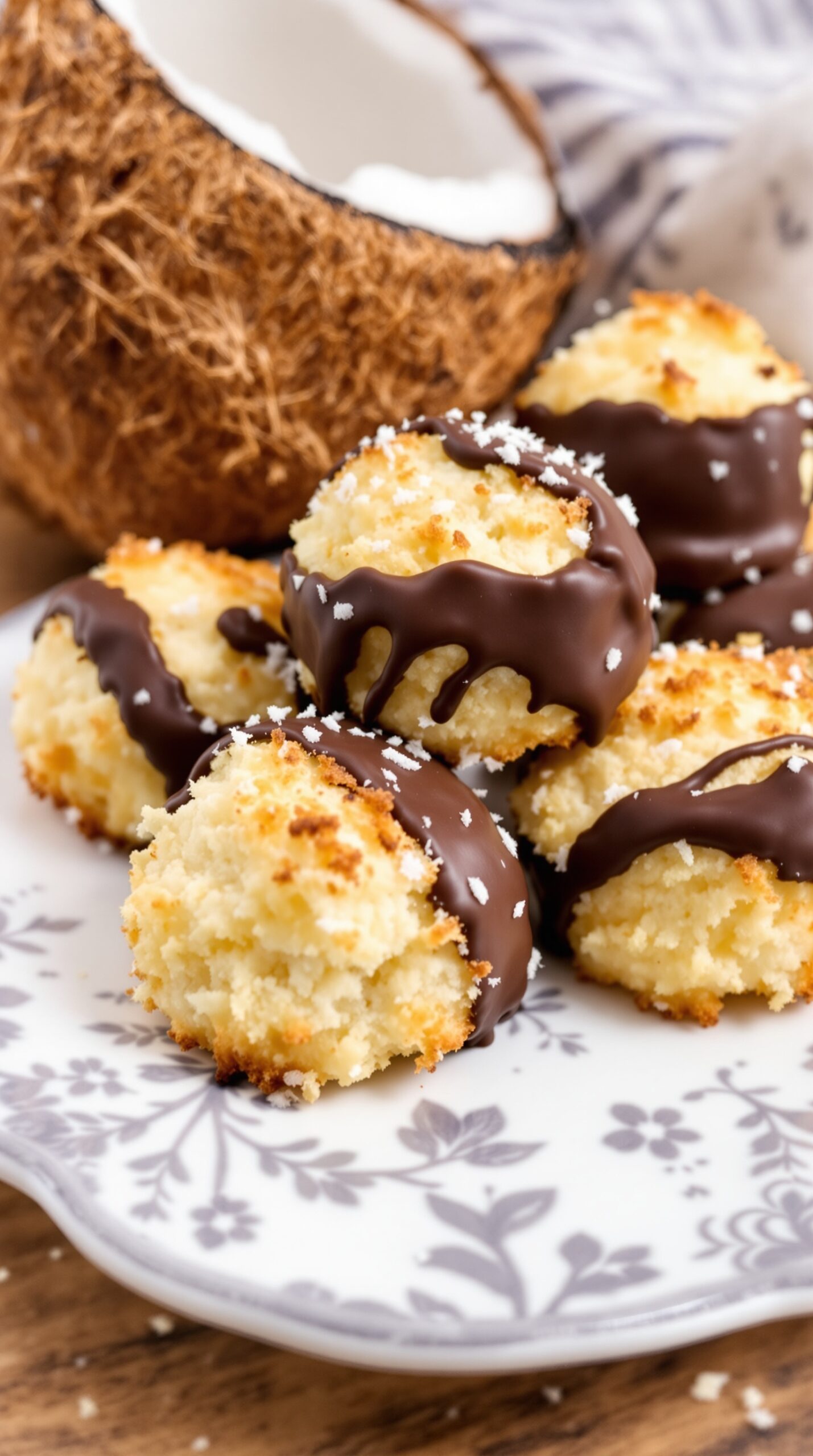 Coconut macaroons dipped in chocolate on a decorative plate with a coconut in the background.