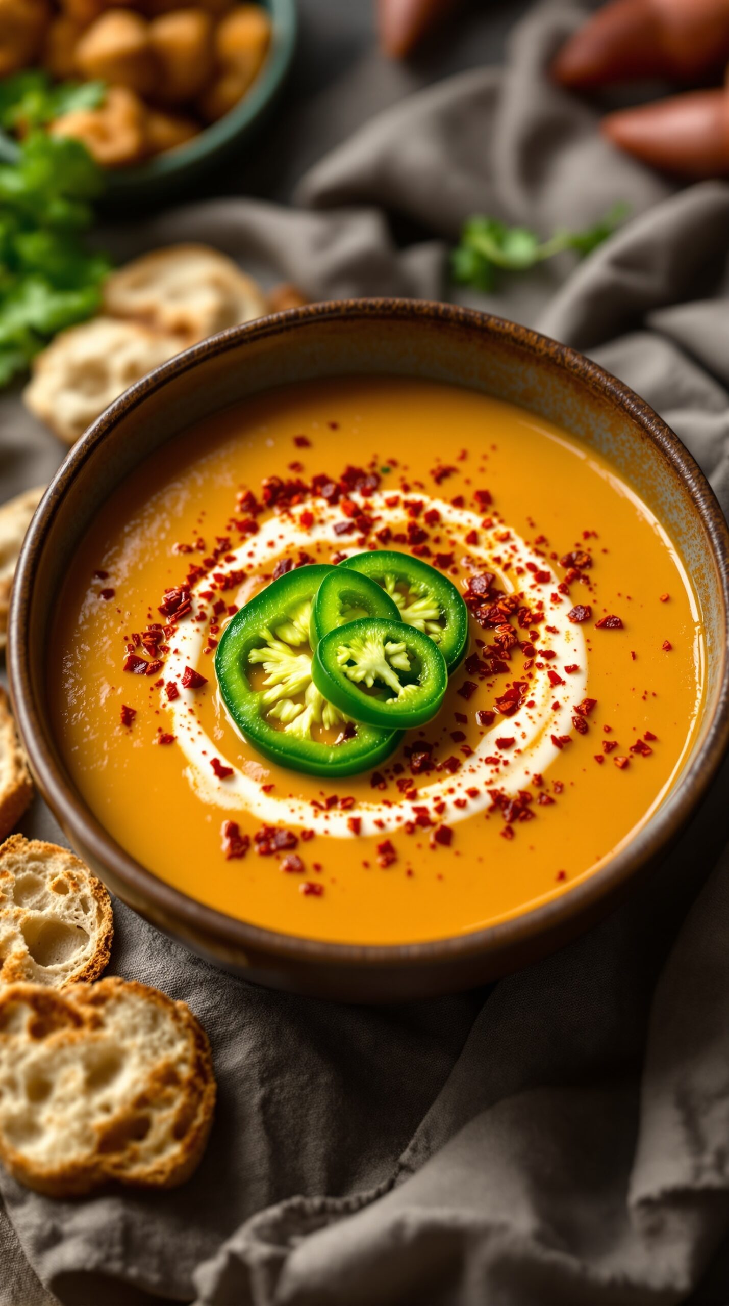 A bowl of butternut squash soup garnished with jalapeño slices and red pepper flakes, served with bread.