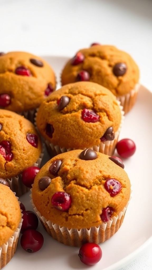 Pumpkin muffins with cranberries and chocolate chips on a plate