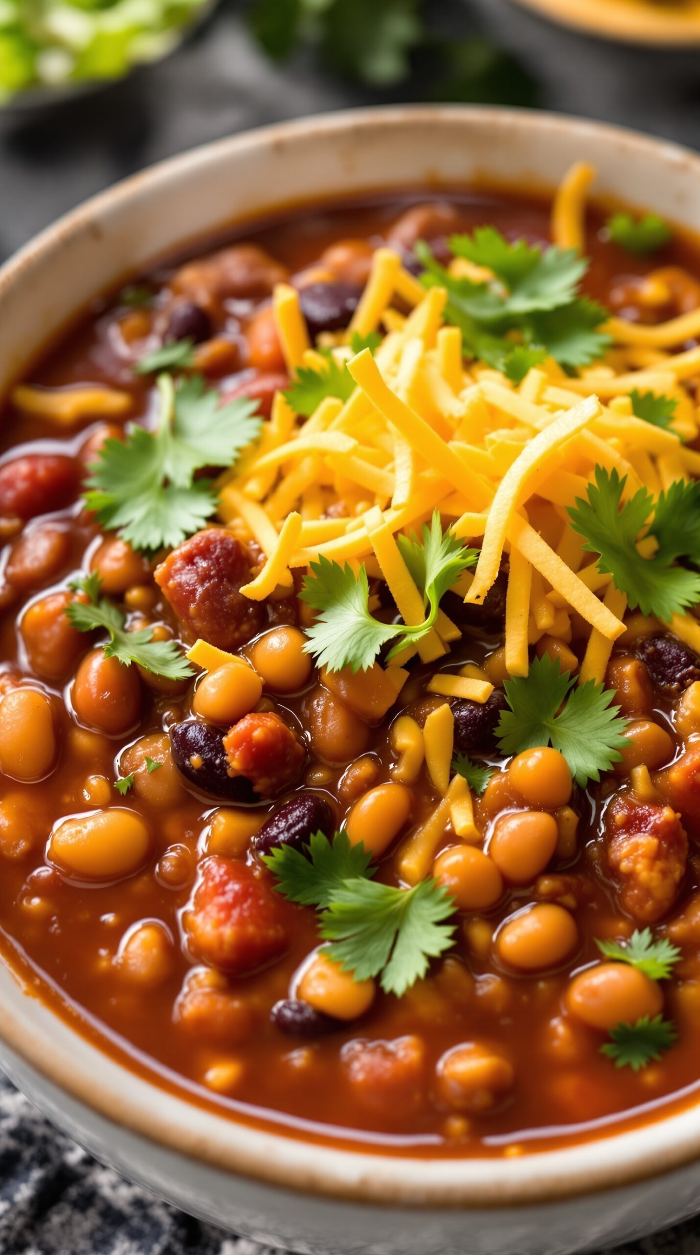 A bowl of hearty beef chili with beans, topped with shredded cheese and cilantro.