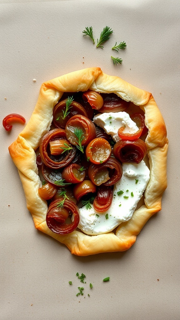 A delicious caramelized onion and goat cheese tart with a flaky crust and fresh herbs.
