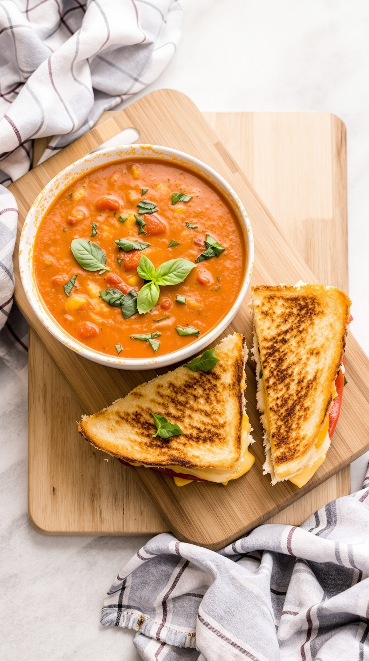 A bowl of creamy tomato basil soup with grilled cheese sandwiches on a wooden board.