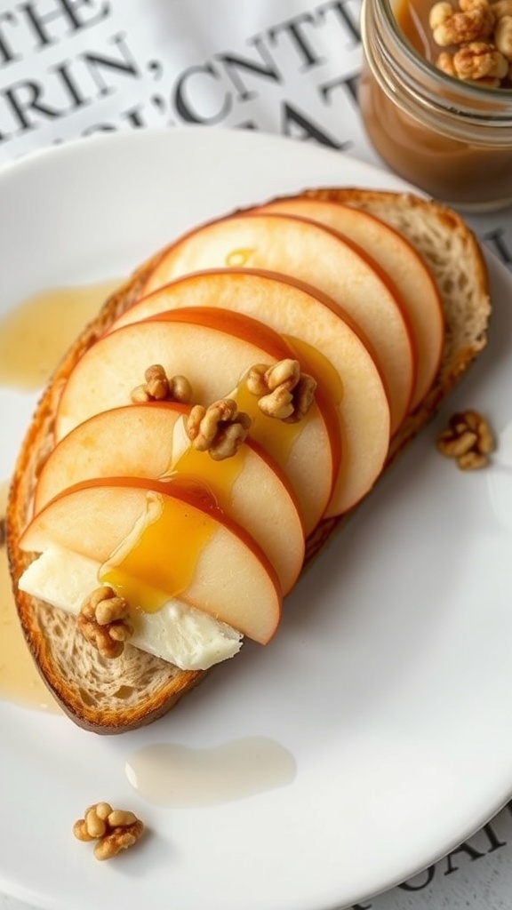 Apple and cheddar crostini topped with honey and walnuts