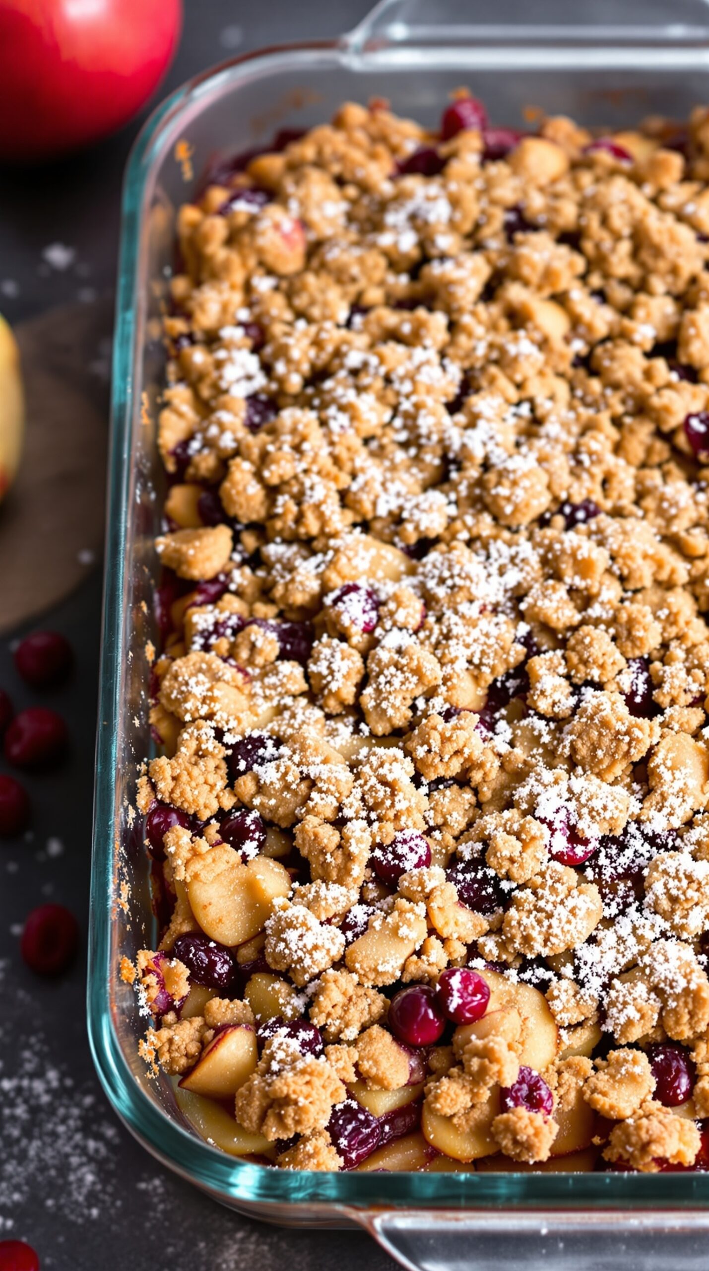 A delicious apple crisp with cranberries topped with a crumbly golden brown topping.