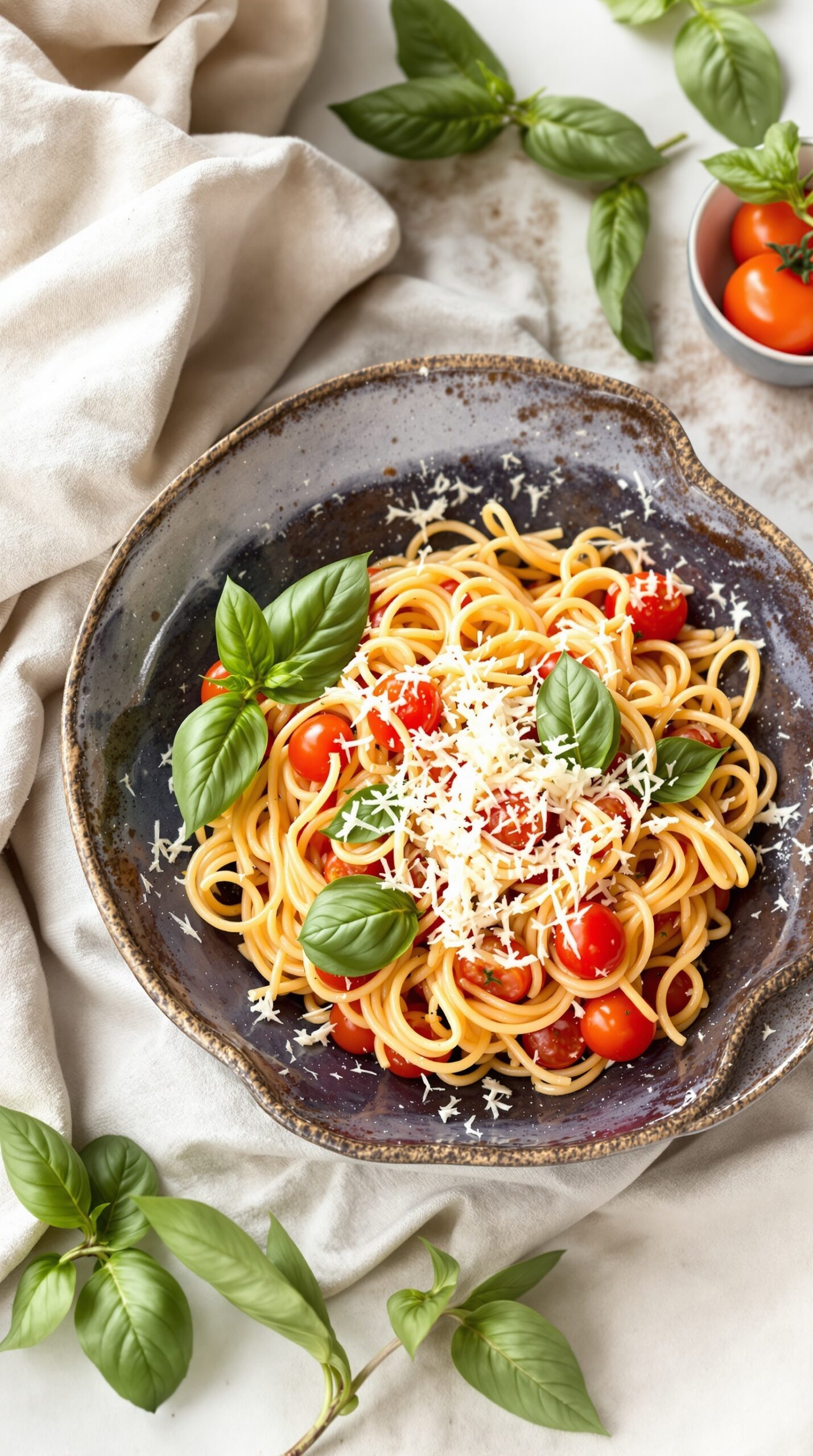 A bowl of creamy tomato basil pasta topped with fresh basil and cherry tomatoes.