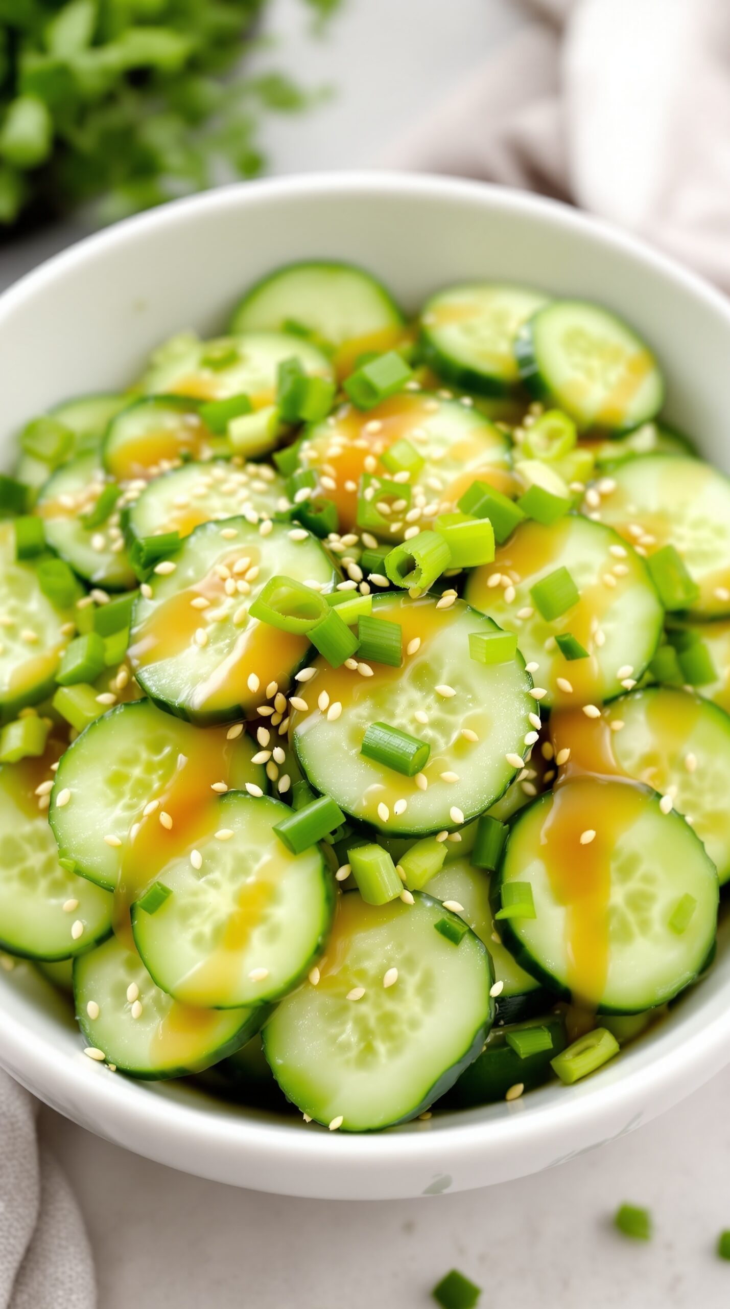 A bowl of Asian-inspired cucumber salad with sesame dressing, featuring sliced cucumbers, green onions, and sesame seeds.