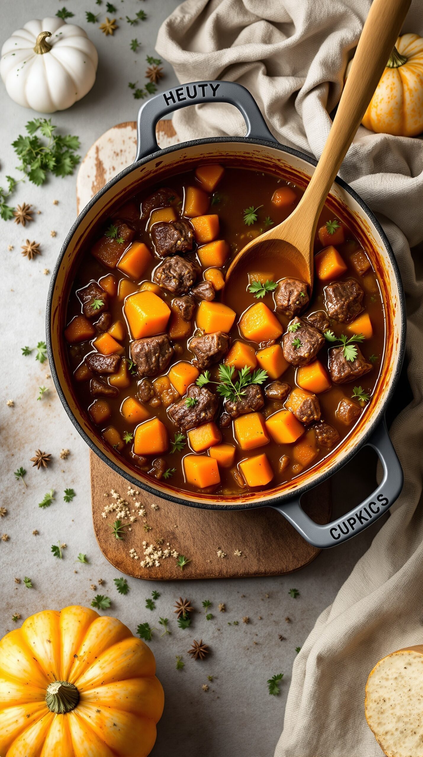 A pot of beef and pumpkin stew with chunks of beef and pumpkin, garnished with parsley, surrounded by decorative pumpkins.