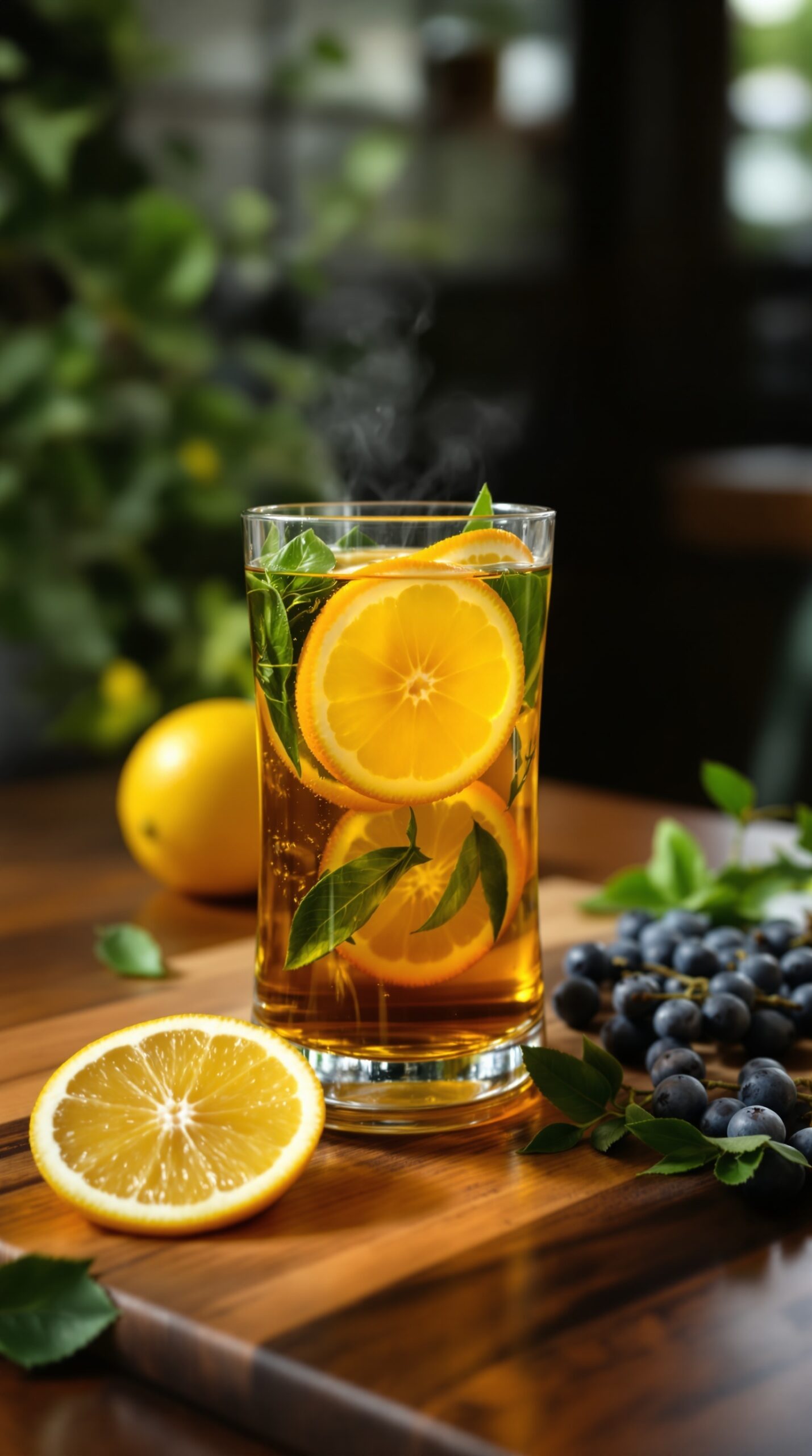 A refreshing glass of citrus infused green tea with lemon slices and mint leaves.