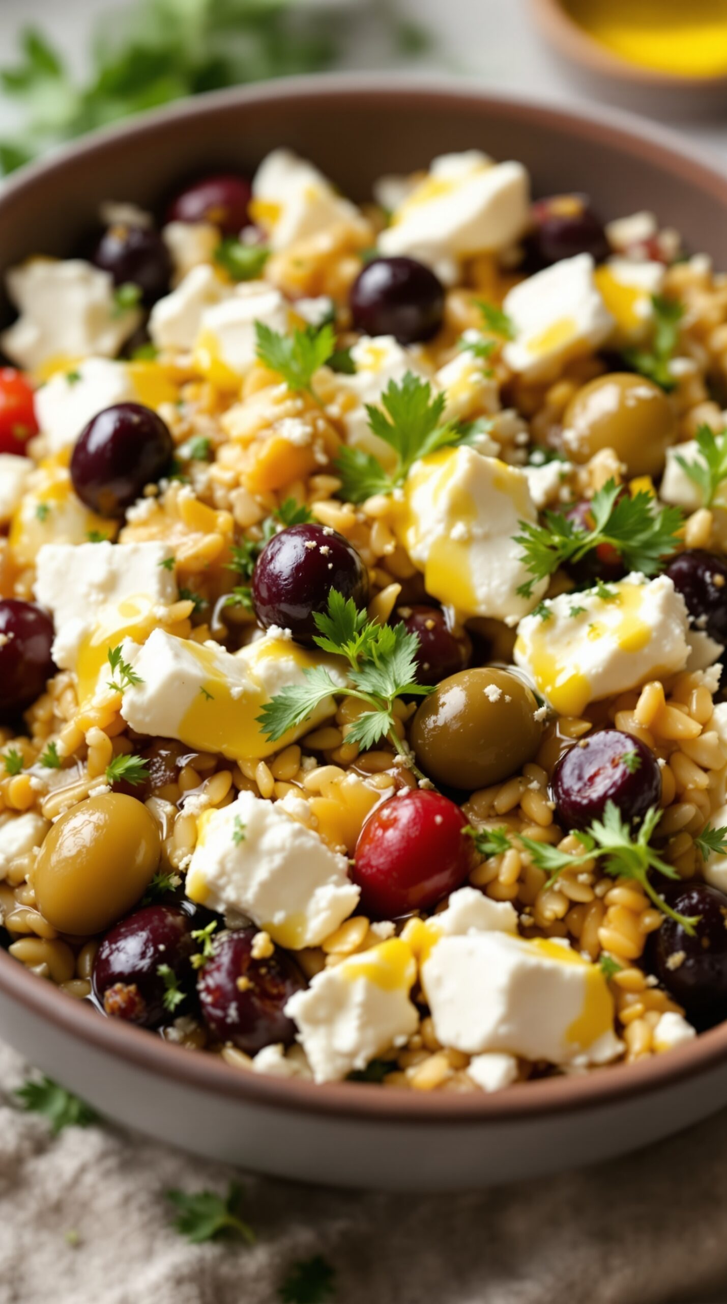 A bowl of Mediterranean stuffing with orzo, feta cheese, olives, and fresh herbs.