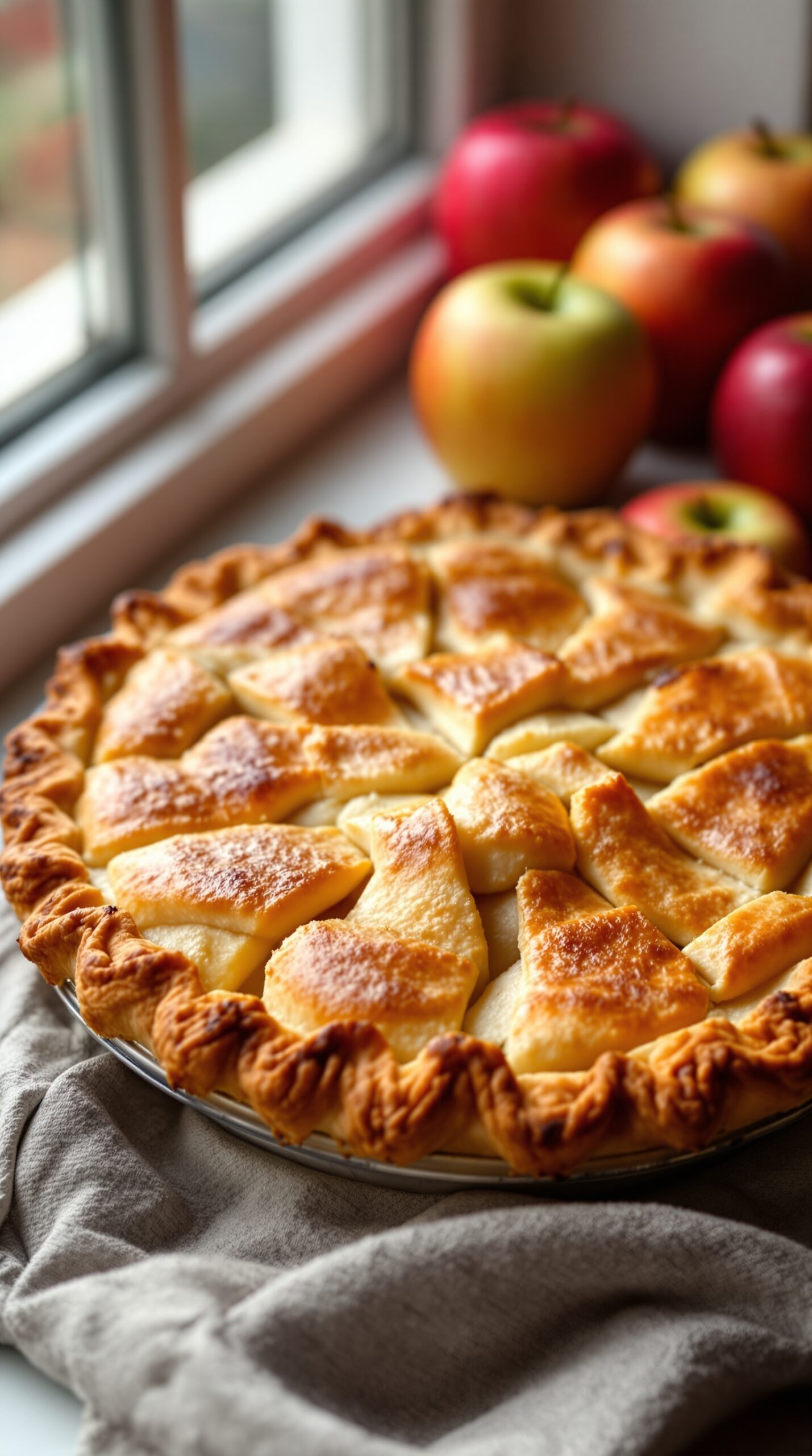 A homemade apple pie with a flaky crust, surrounded by fresh apples.