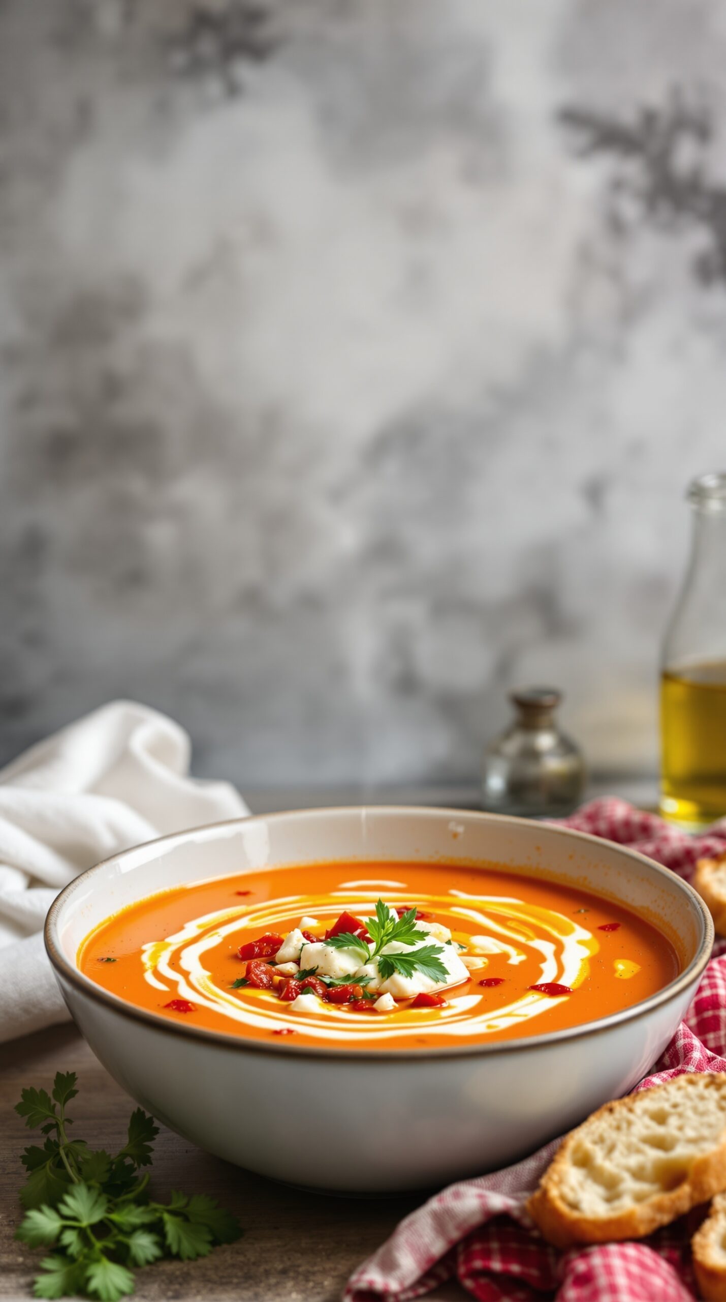 A bowl of roasted red pepper and feta soup, garnished with feta cheese and parsley.