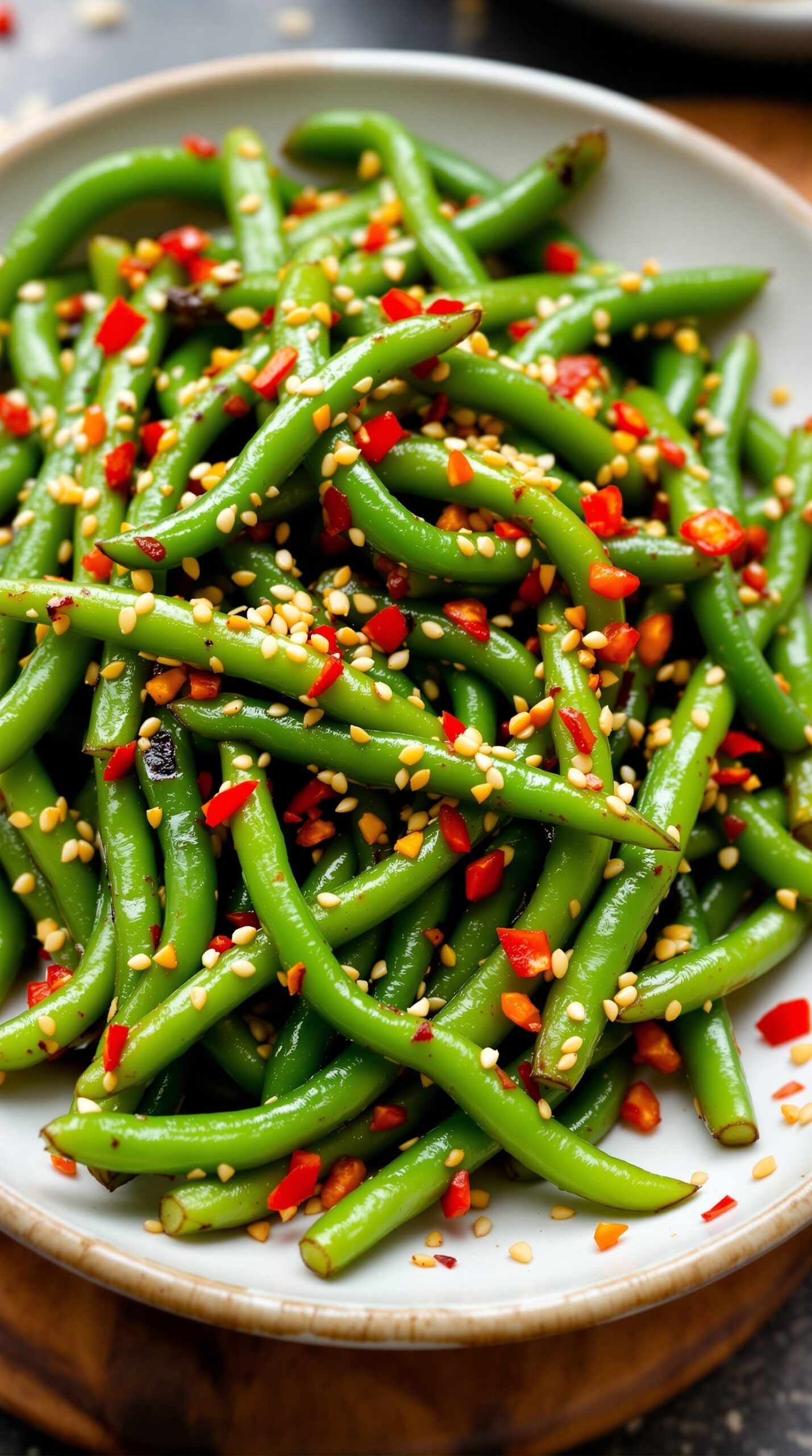A bowl of spicy sautéed green beans garnished with red chili flakes and sesame seeds.