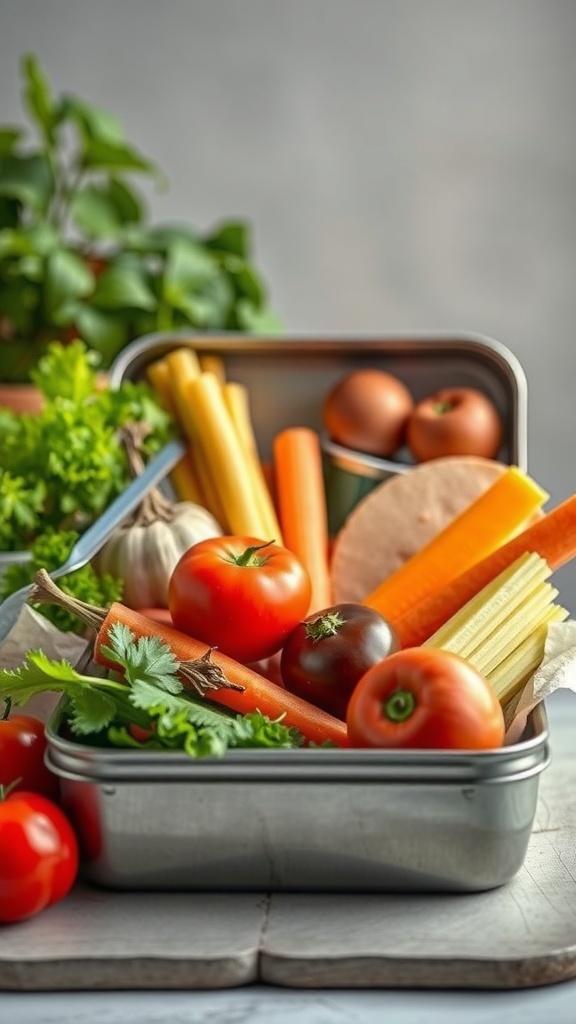 A lunch box filled with fresh seasonal vegetables including tomatoes, carrots, and celery.