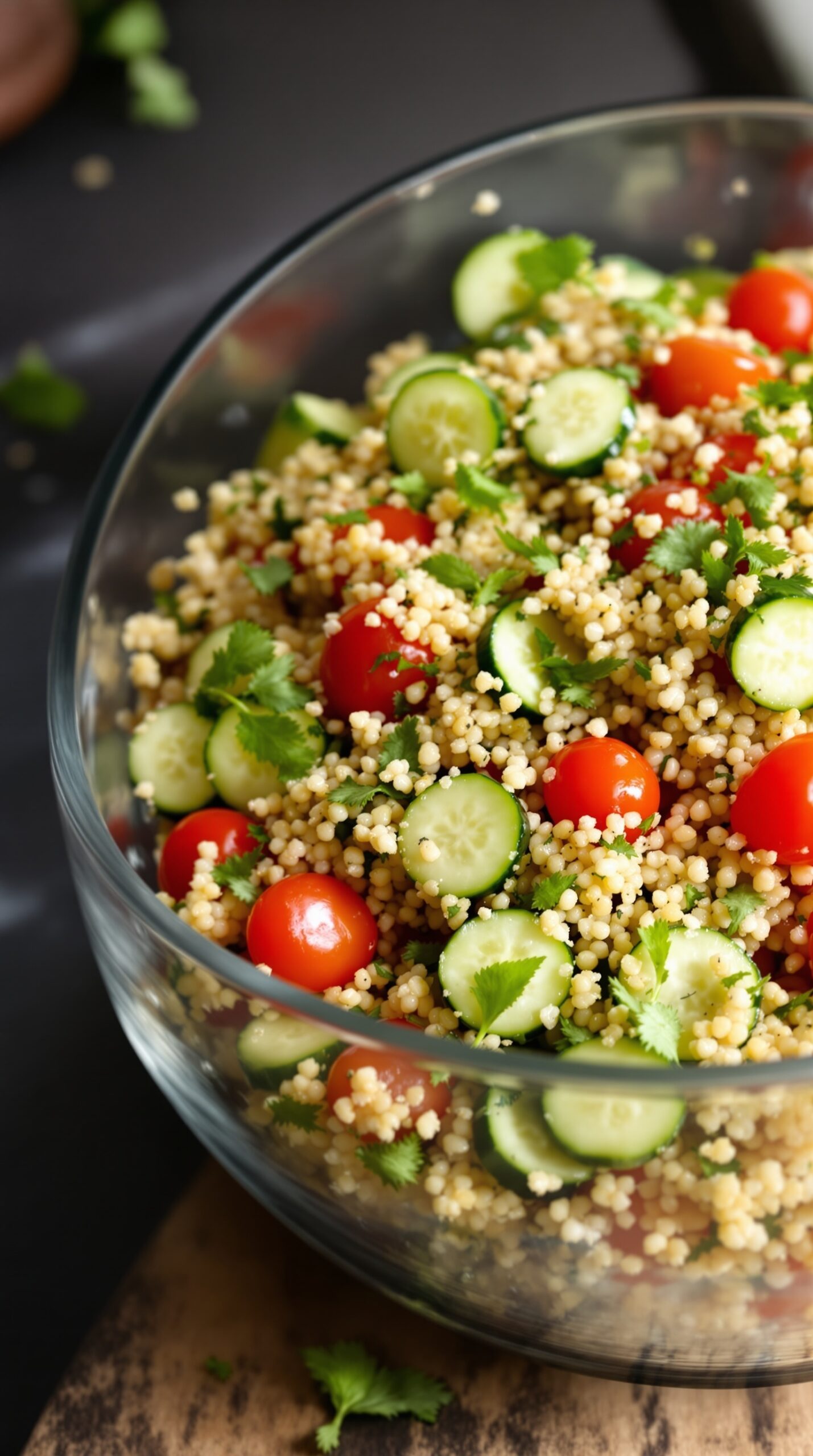 A bowl of Mediterranean cucumber salad with quinoa, featuring diced cucumbers, cherry tomatoes, and fresh herbs.