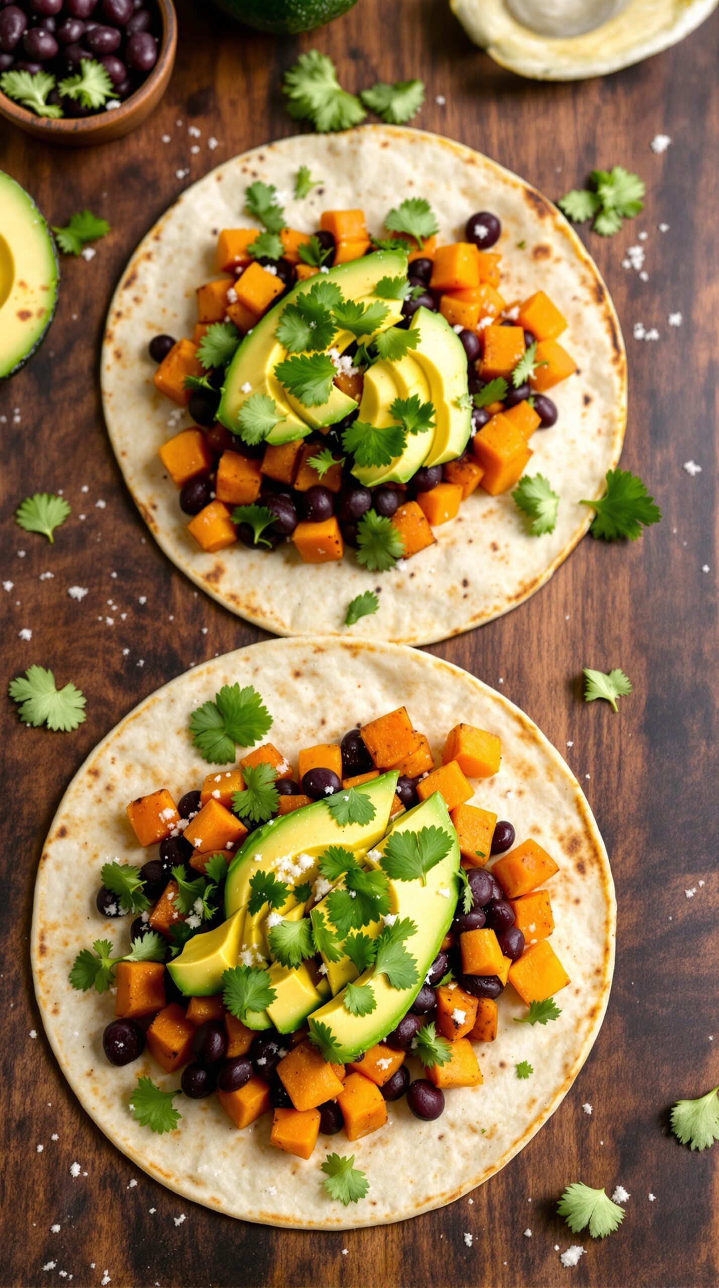 Savory sweet potato and black bean tacos with avocado and cilantro on a wooden surface.