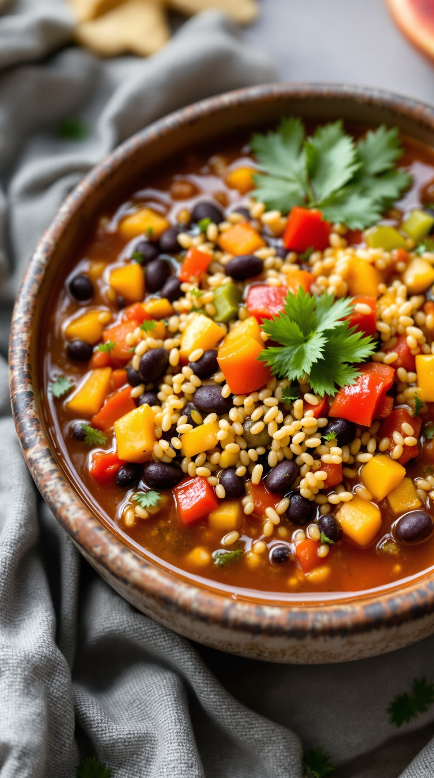 A bowl of colorful vegetarian taco soup with quinoa, topped with fresh cilantro.