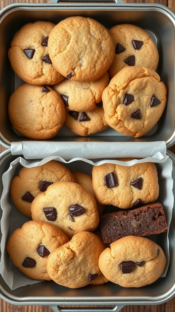 A lunch box filled with homemade cookies and a brownie.