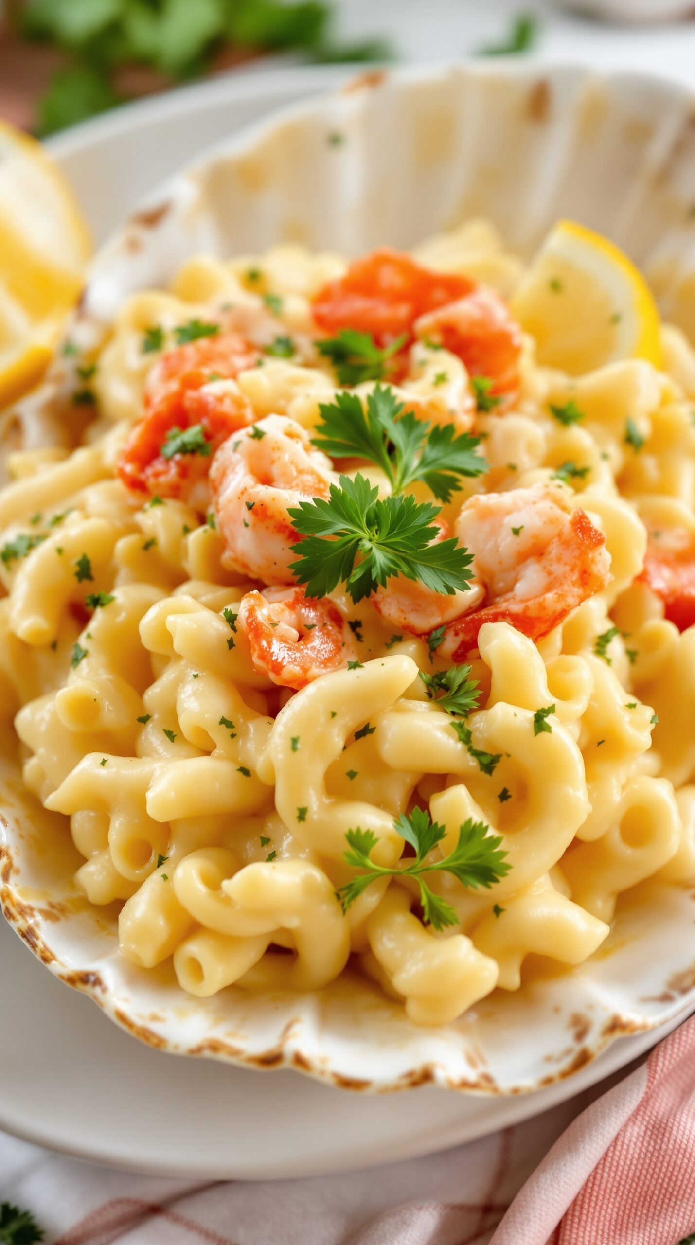 A delicious serving of lobster mac and cheese in a scallop shell, garnished with parsley.