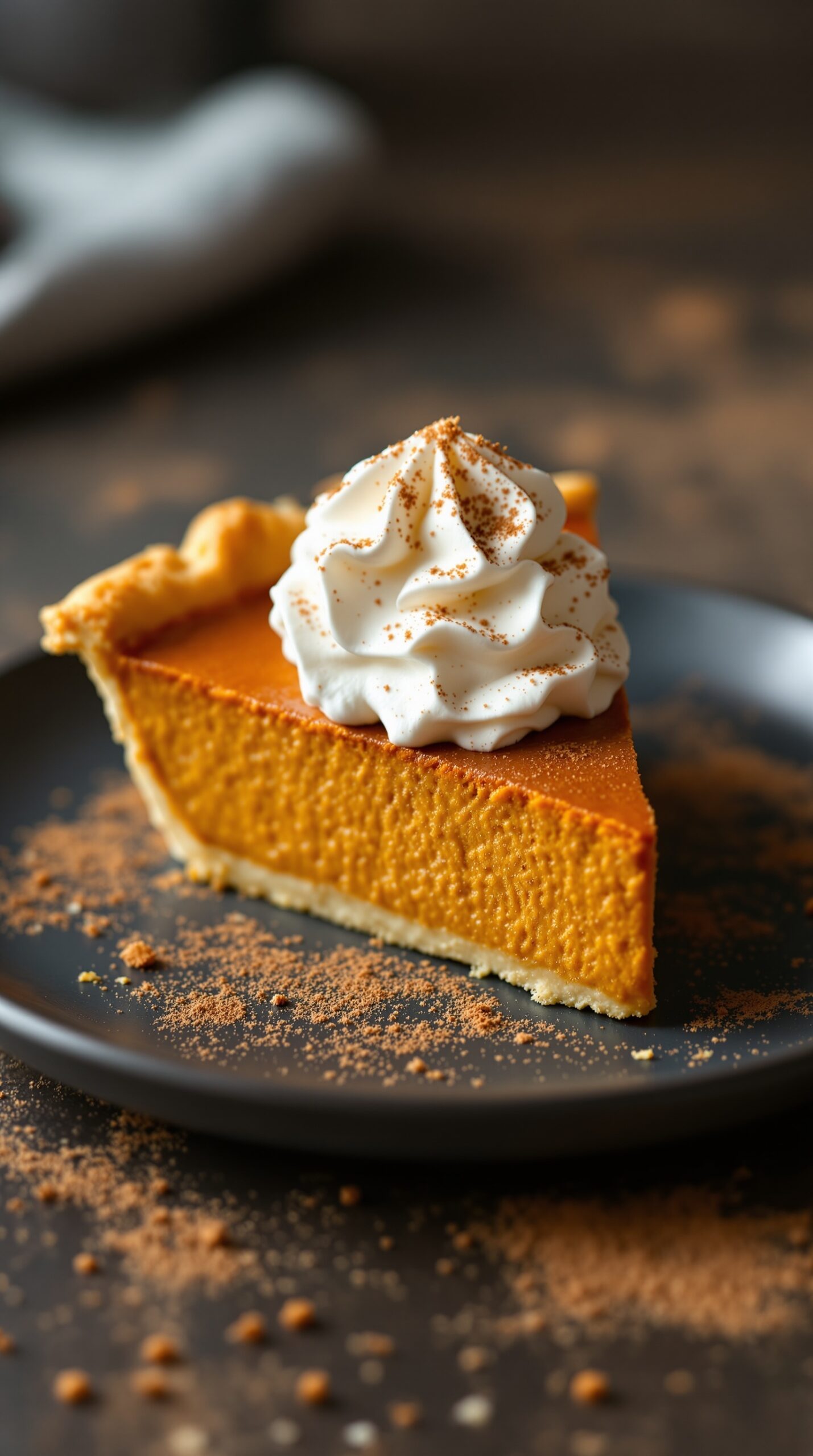 Slice of pumpkin pie topped with whipped cream and a sprinkle of cinnamon