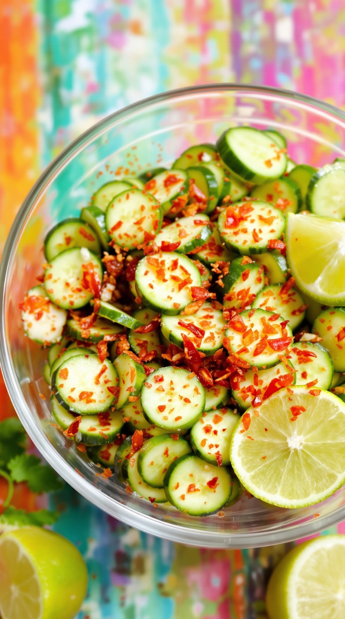 A bowl of spicy cucumber salad with chili flakes and lime slices.