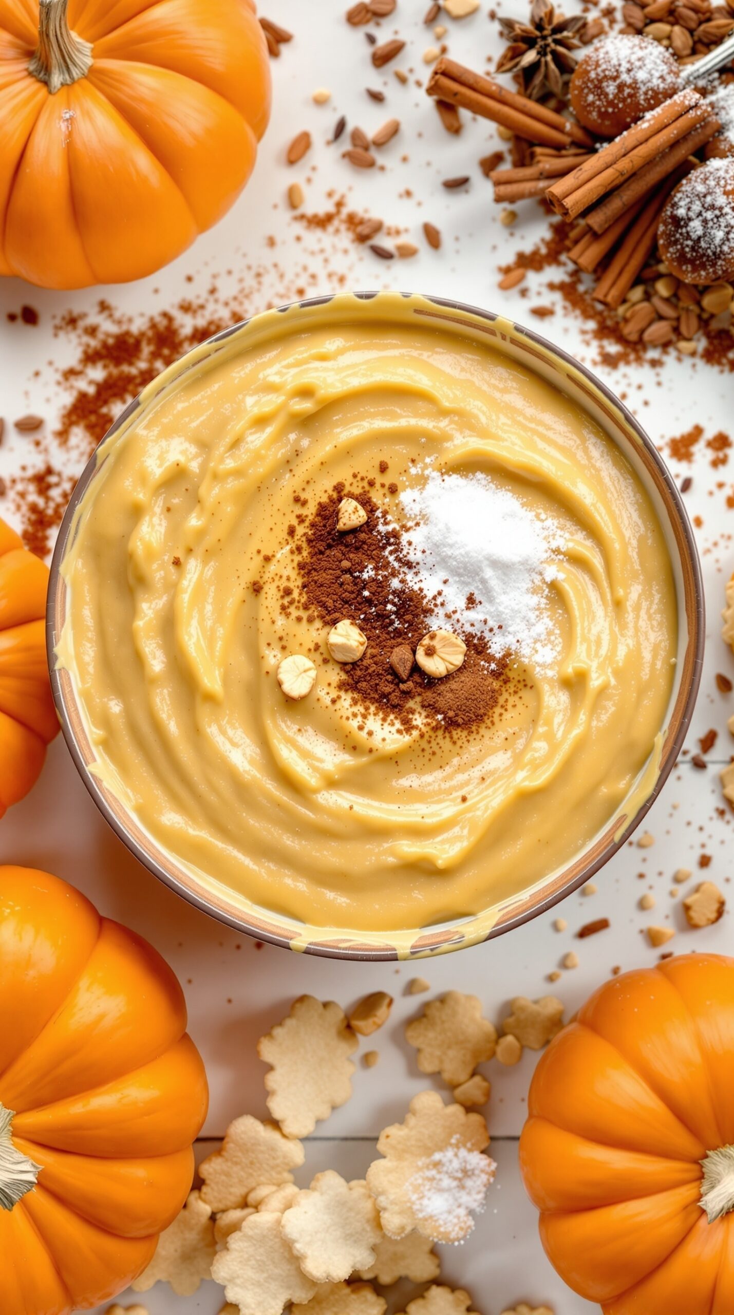 A bowl of creamy pumpkin pie filling surrounded by pumpkins and spices.