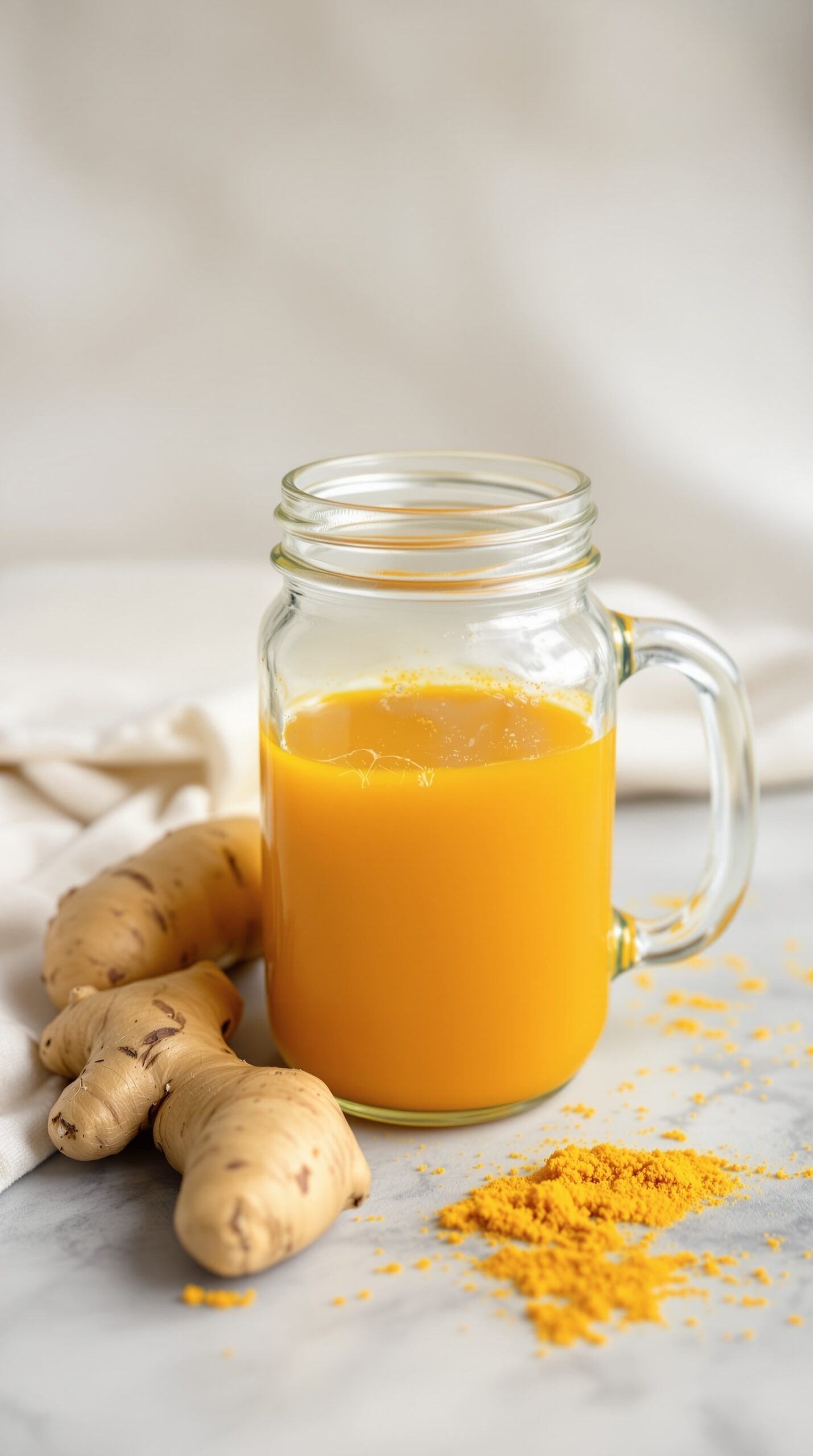 A glass jar filled with a bright yellow turmeric ginger elixir, surrounded by fresh ginger roots and turmeric powder.