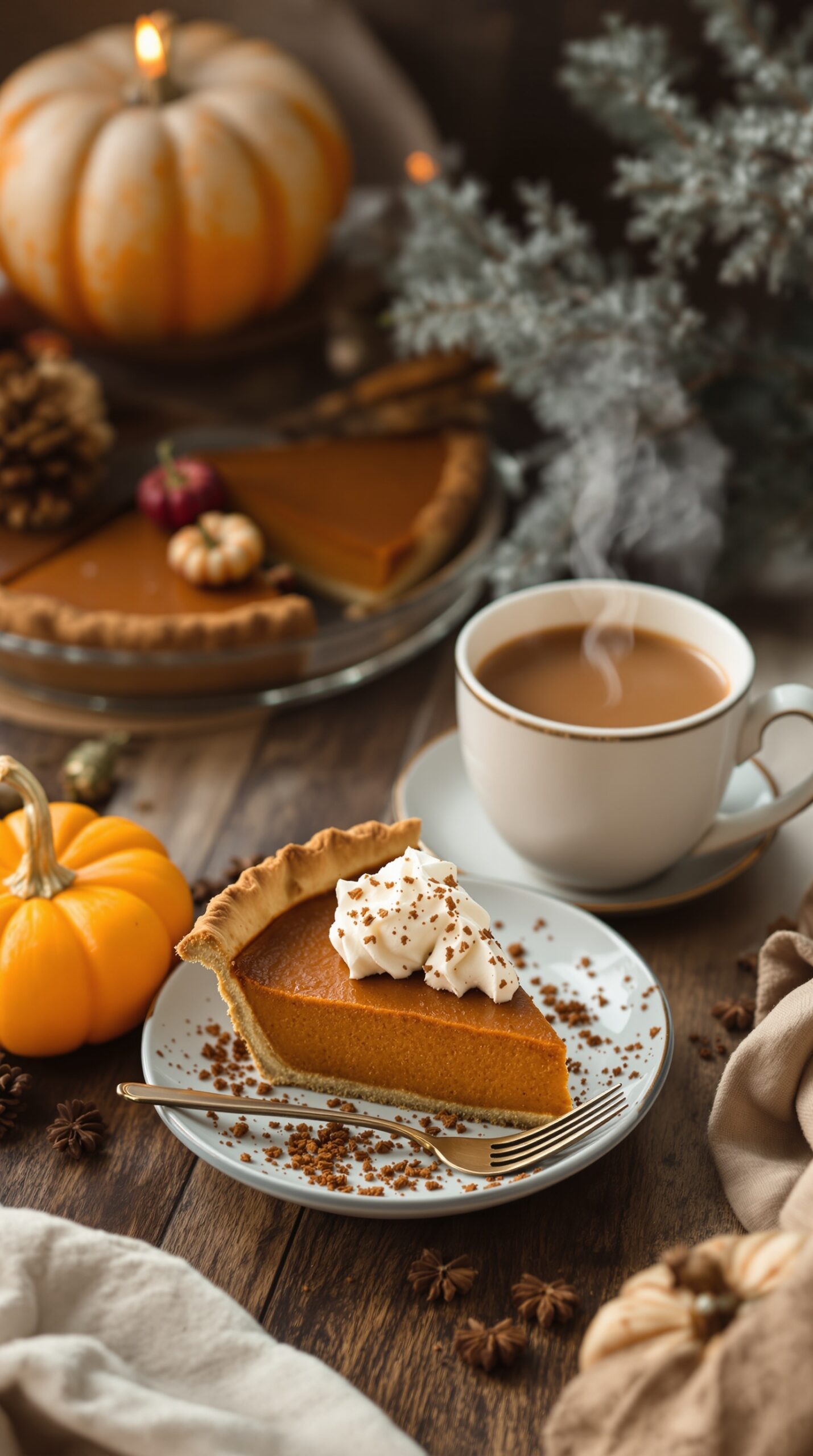 A slice of pumpkin pie with whipped cream on a plate, a cup of coffee beside it, and decorative pumpkins in the background.
