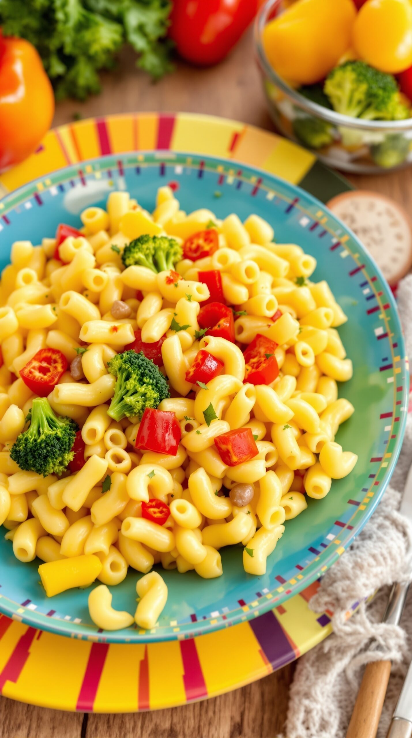 A colorful plate of vegetable-loaded mac and cheese with broccoli, bell peppers, and cherry tomatoes.