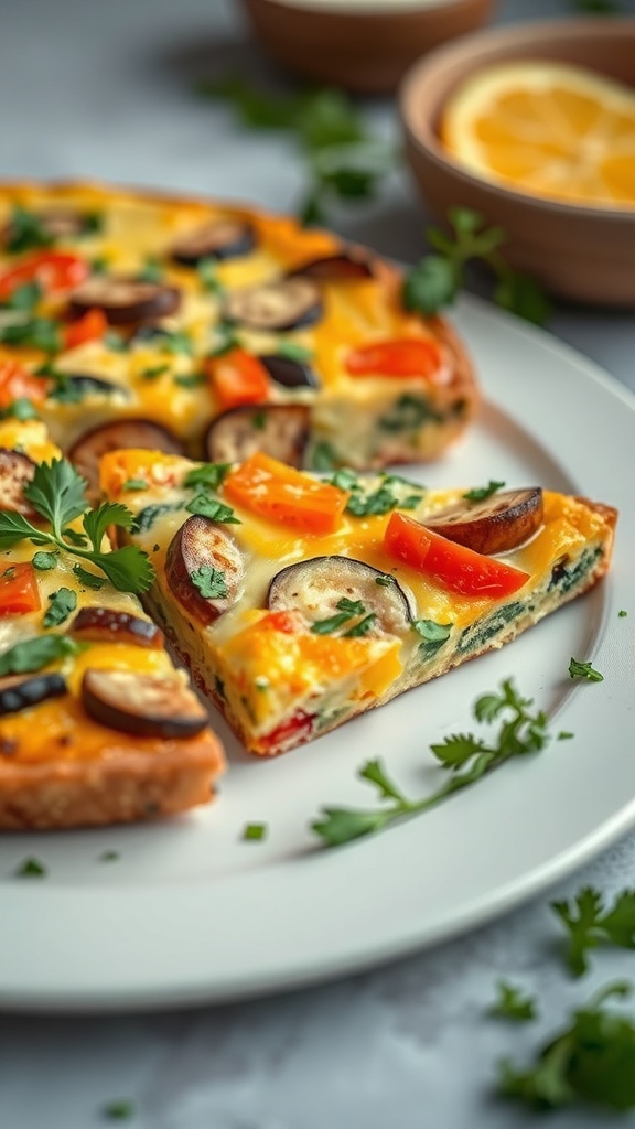 A colorful vegetable frittata with bell peppers, mushrooms, and fresh herbs on a white plate.